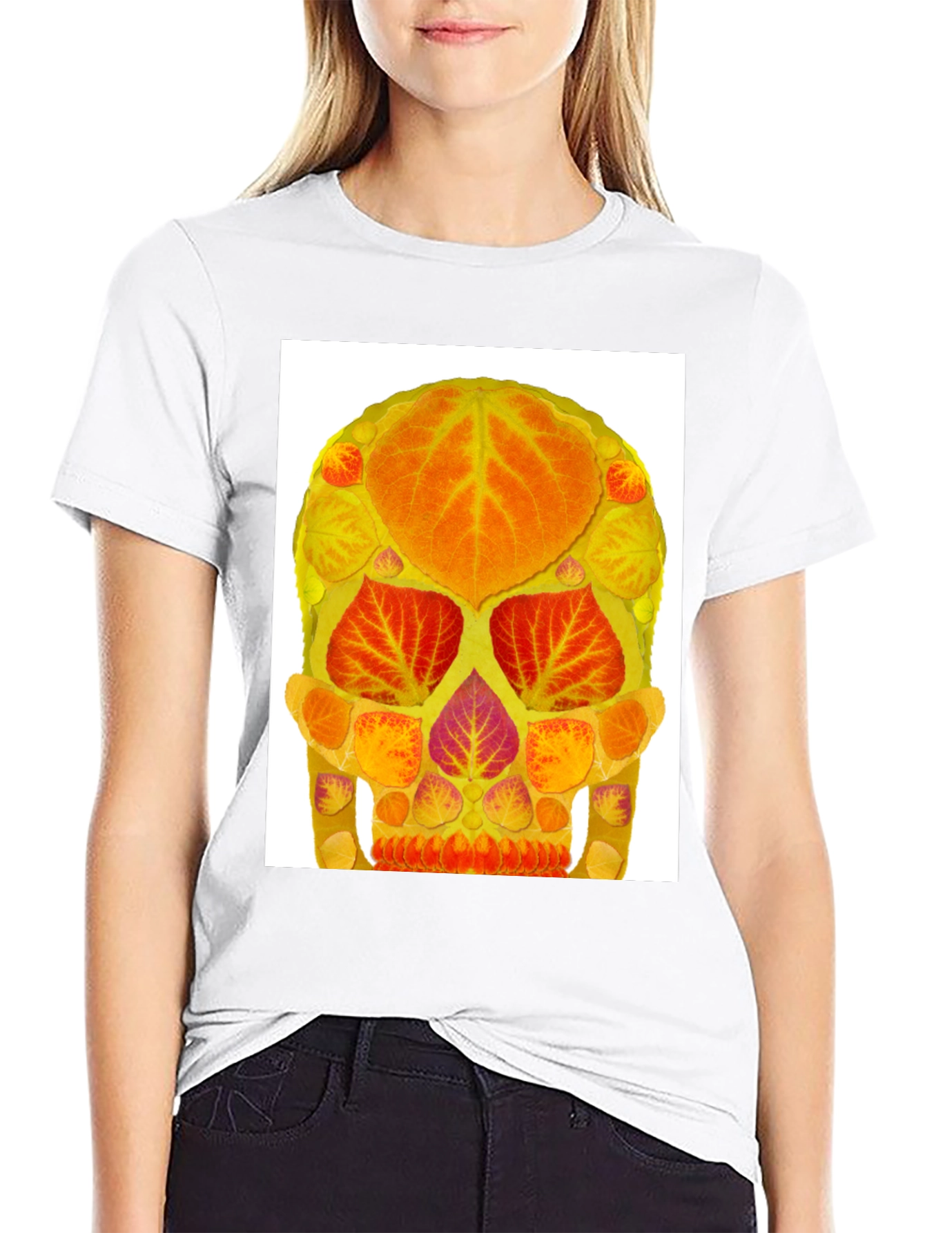 Autumn Leaf Skull Graphic Tee - Black Cotton