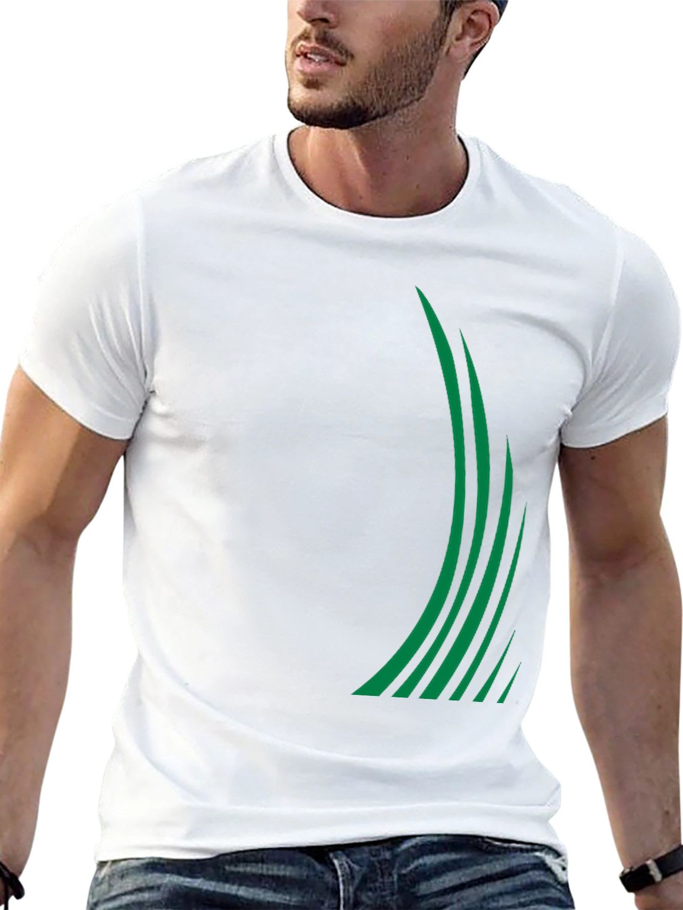Sleek Black Tee with Green Stripe Design