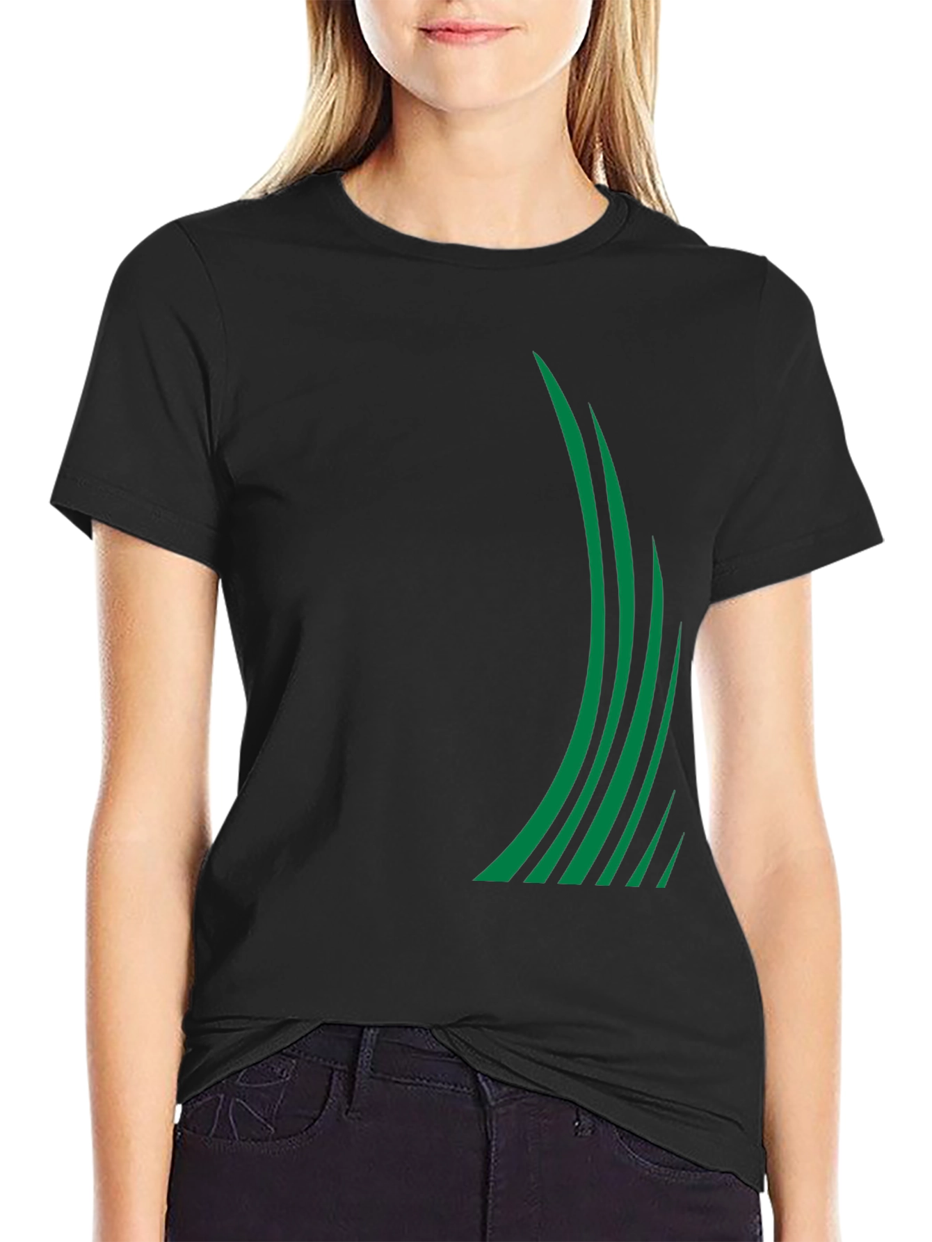 Sleek Black Tee with Green Stripe Design