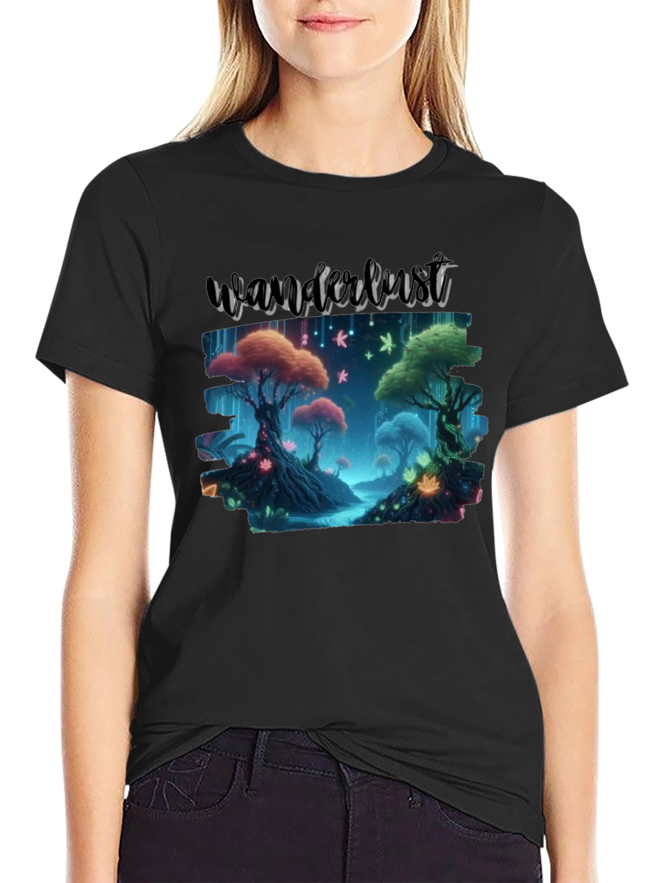 Wanderlust Forest Graphic Tee - Black Cotton T-Shirt
