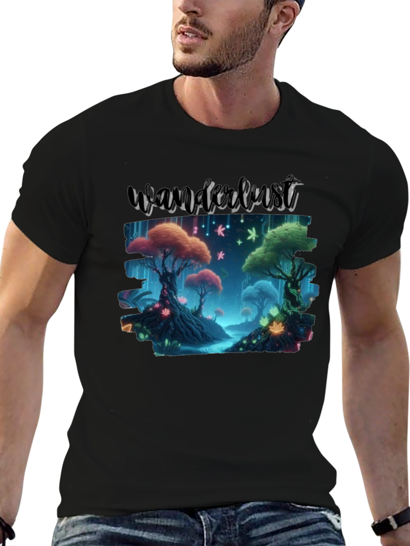 Wanderlust Forest Graphic Tee - Black Cotton T-Shirt