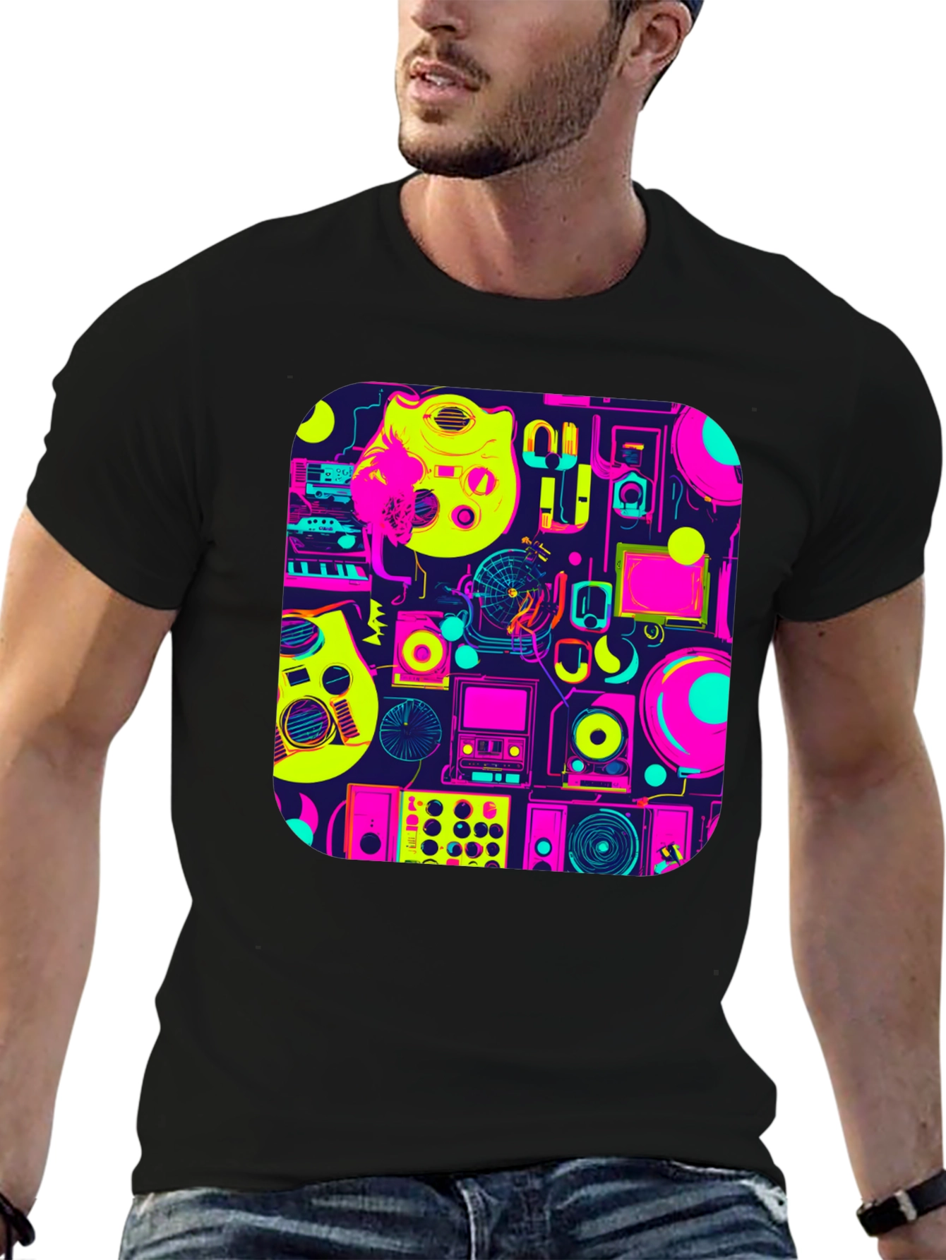 Retro Music Gear Graphic Tee - Black