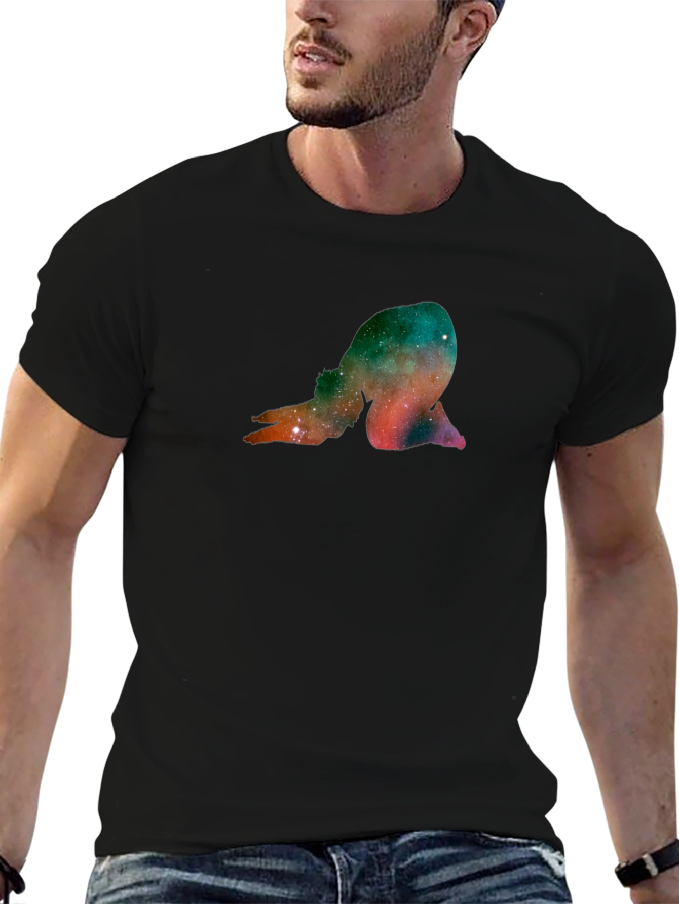 Cosmic Yoga Pose Graphic Black T-Shirt