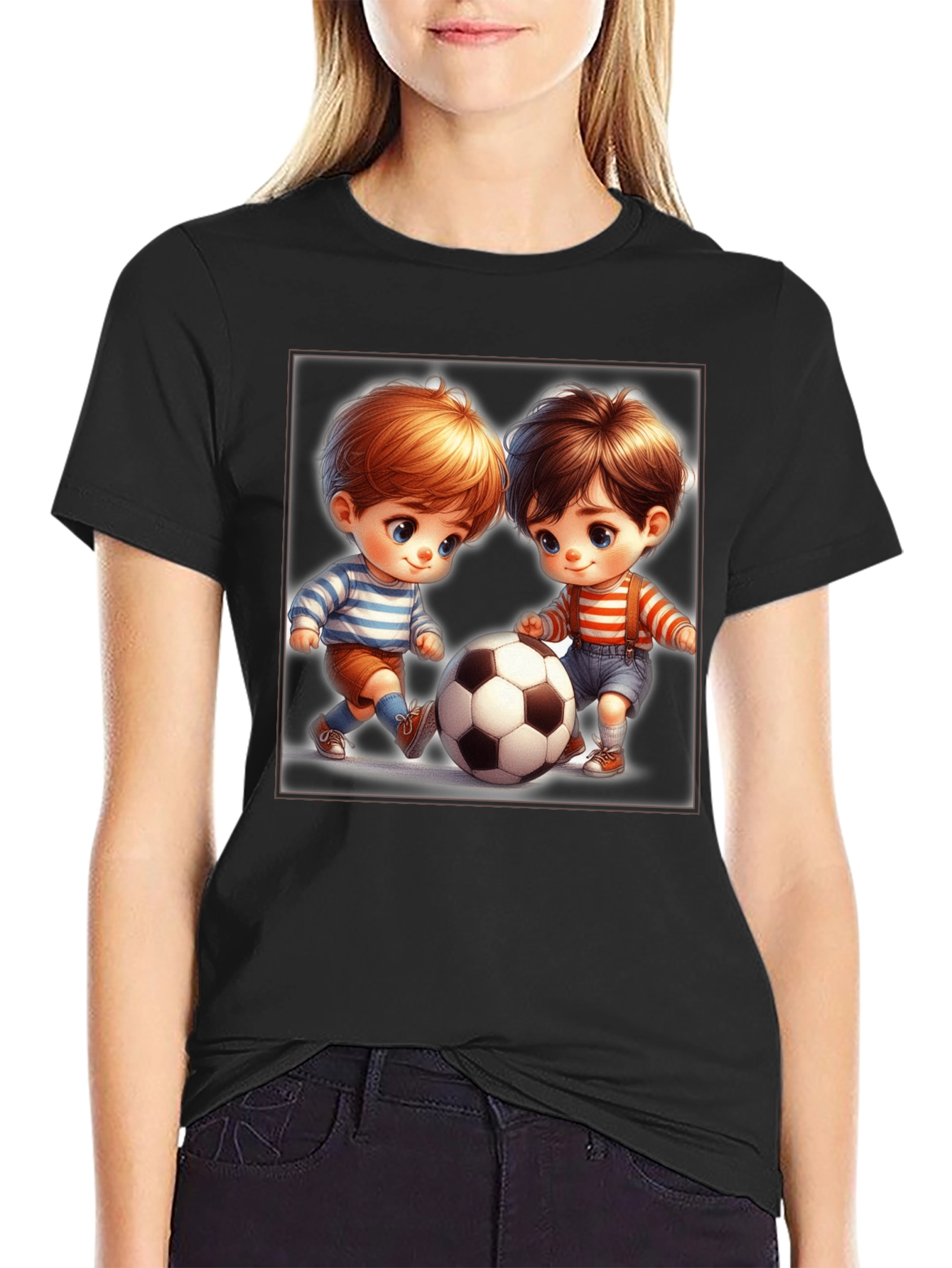 Cartoon Kids Soccer T-Shirt - Black Fun Design
