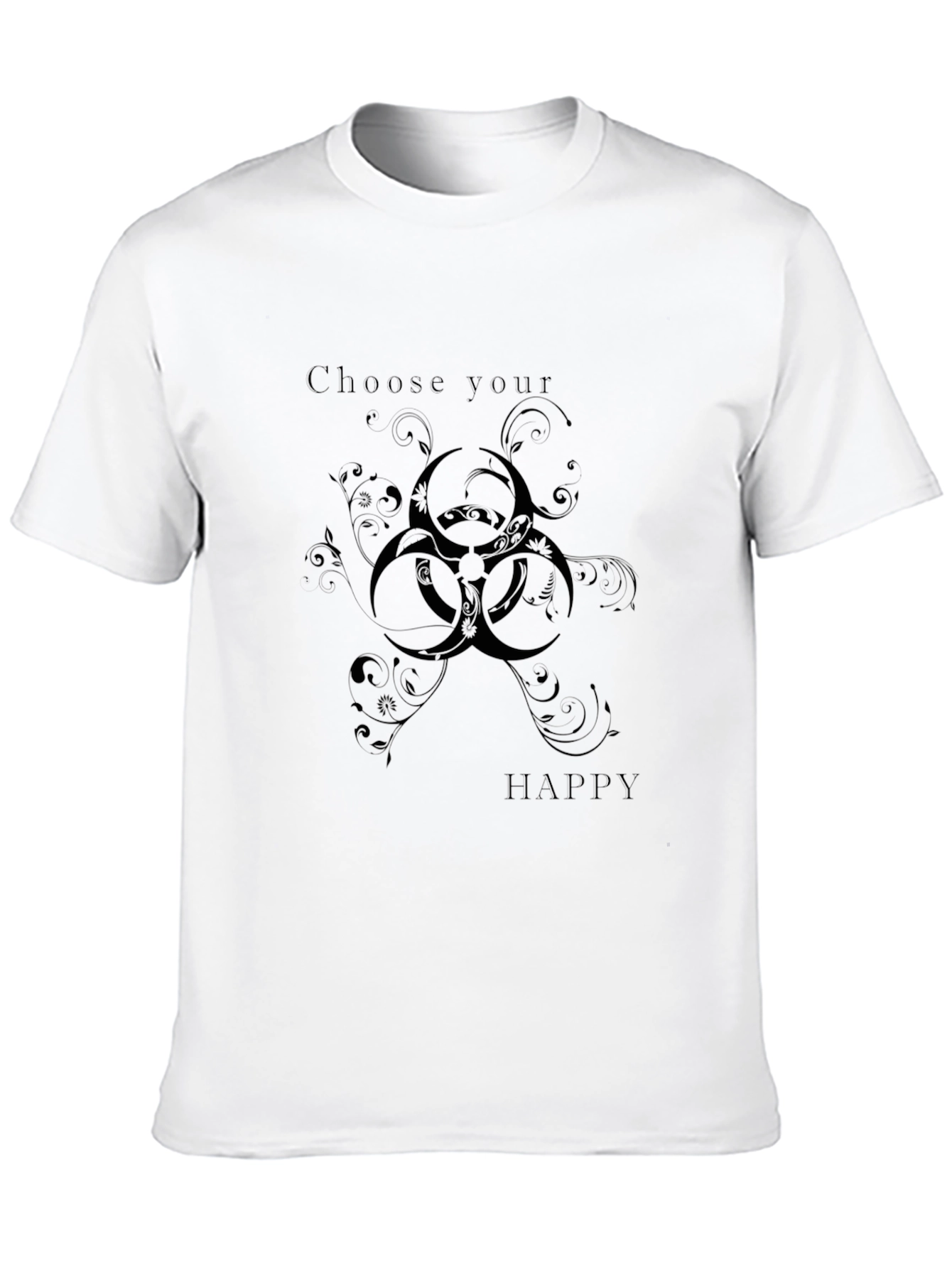 Choose Happy Black T-Shirt with Biohazard Floral Design