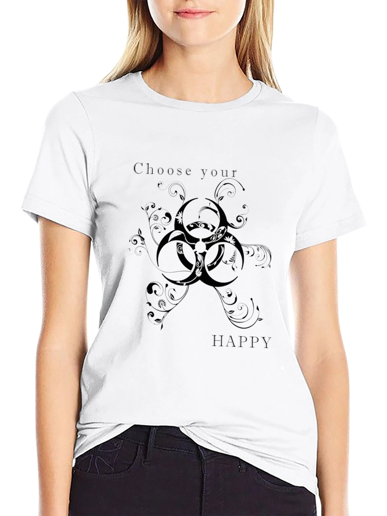 Choose Happy Black T-Shirt with Biohazard Floral Design