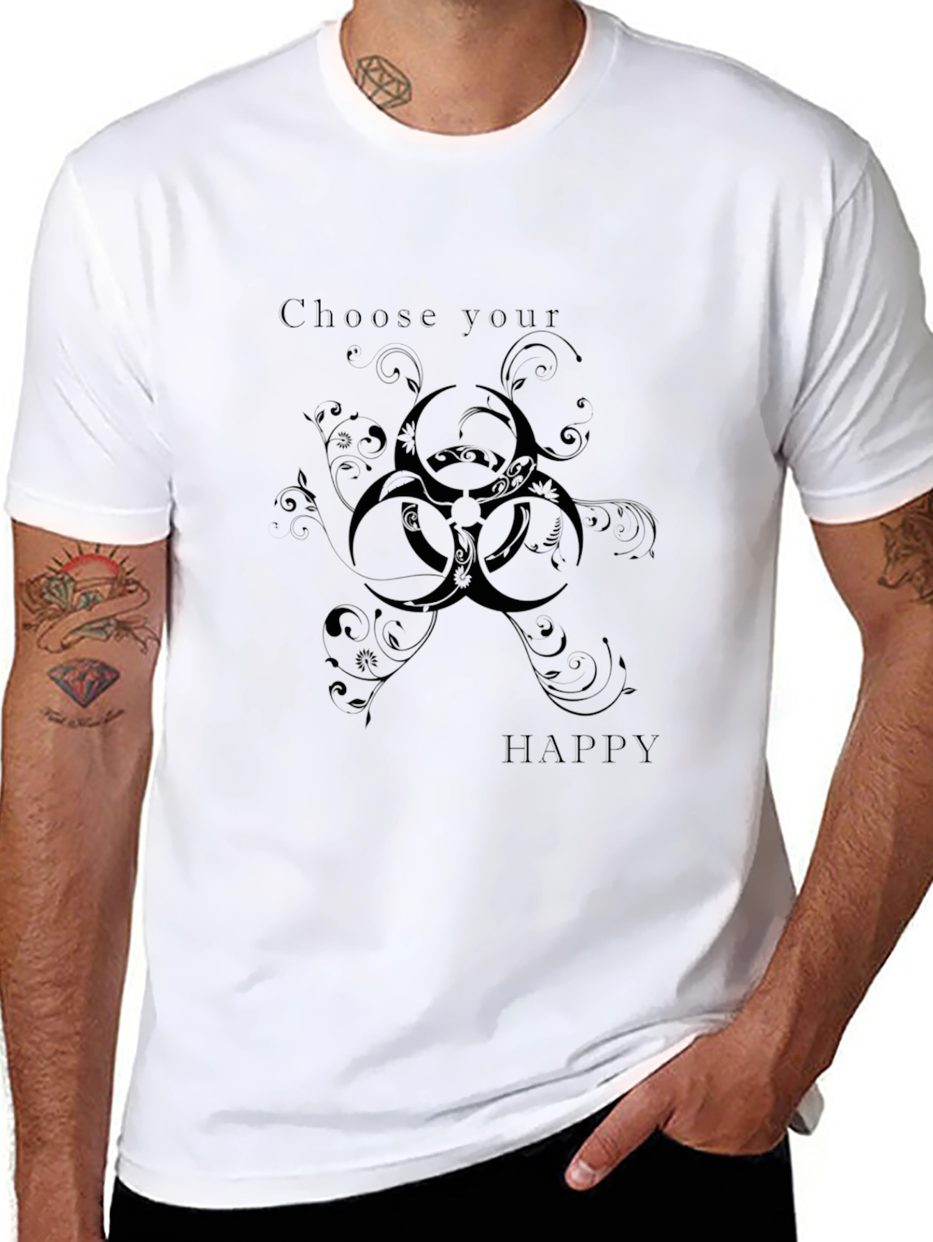 Choose Happy Black T-Shirt with Biohazard Floral Design