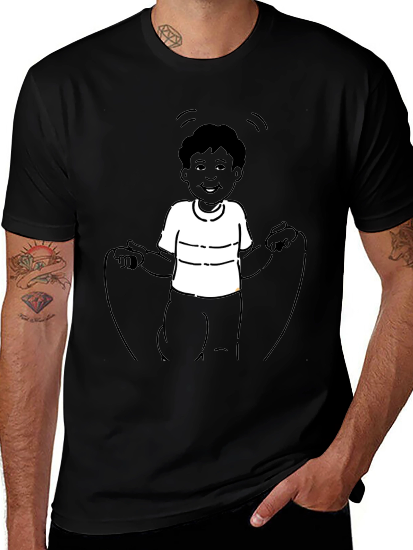 Mans Black T-Shirt with Boy Jumping Rope Design