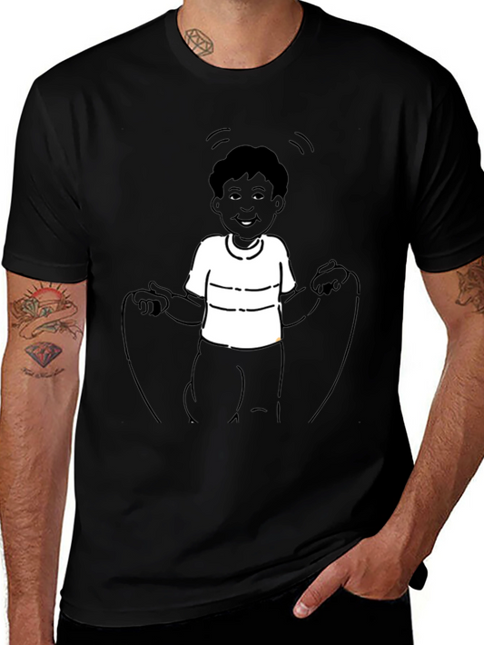 Mans Black T-Shirt with Boy Jumping Rope Design