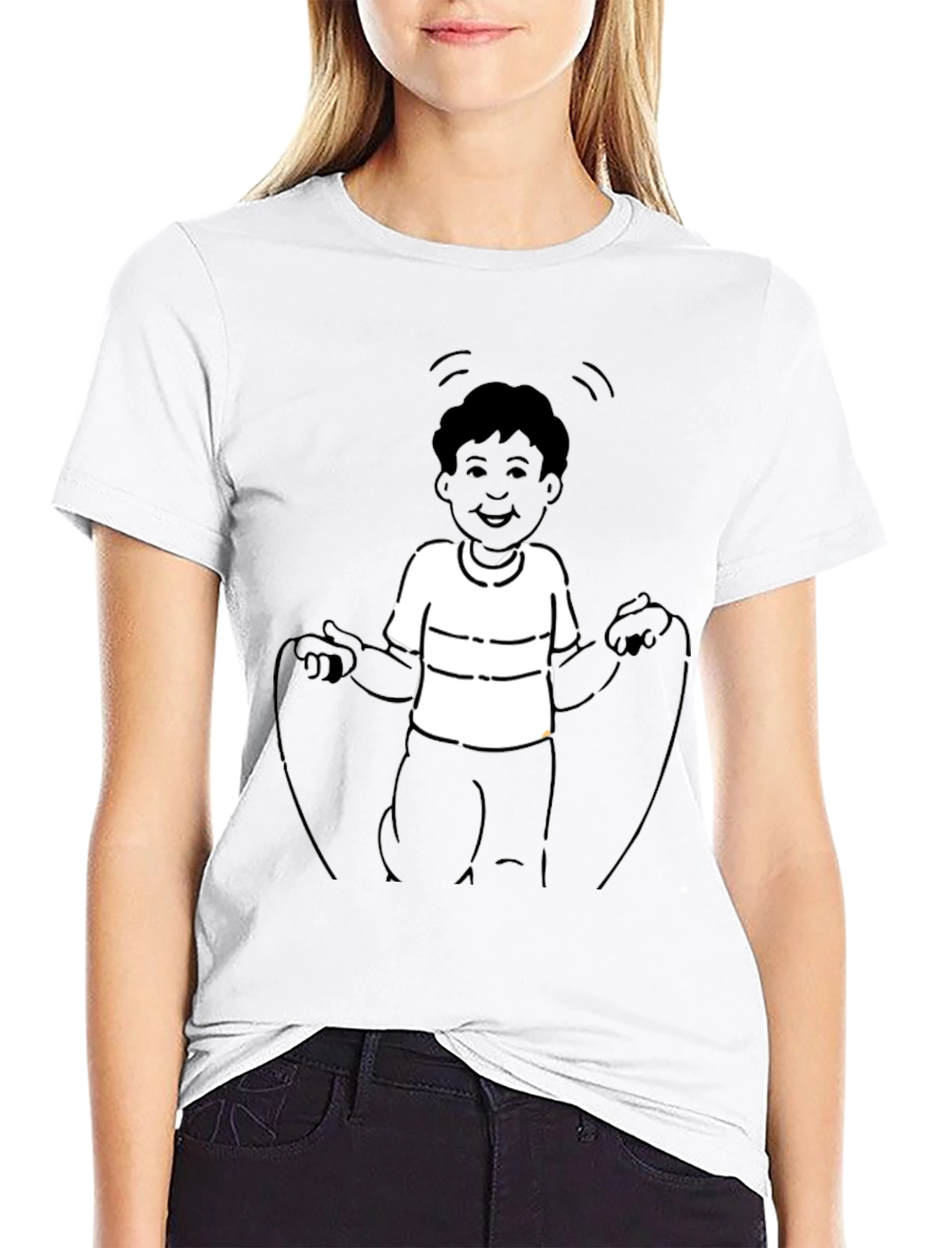 Mans Black T-Shirt with Boy Jumping Rope Design