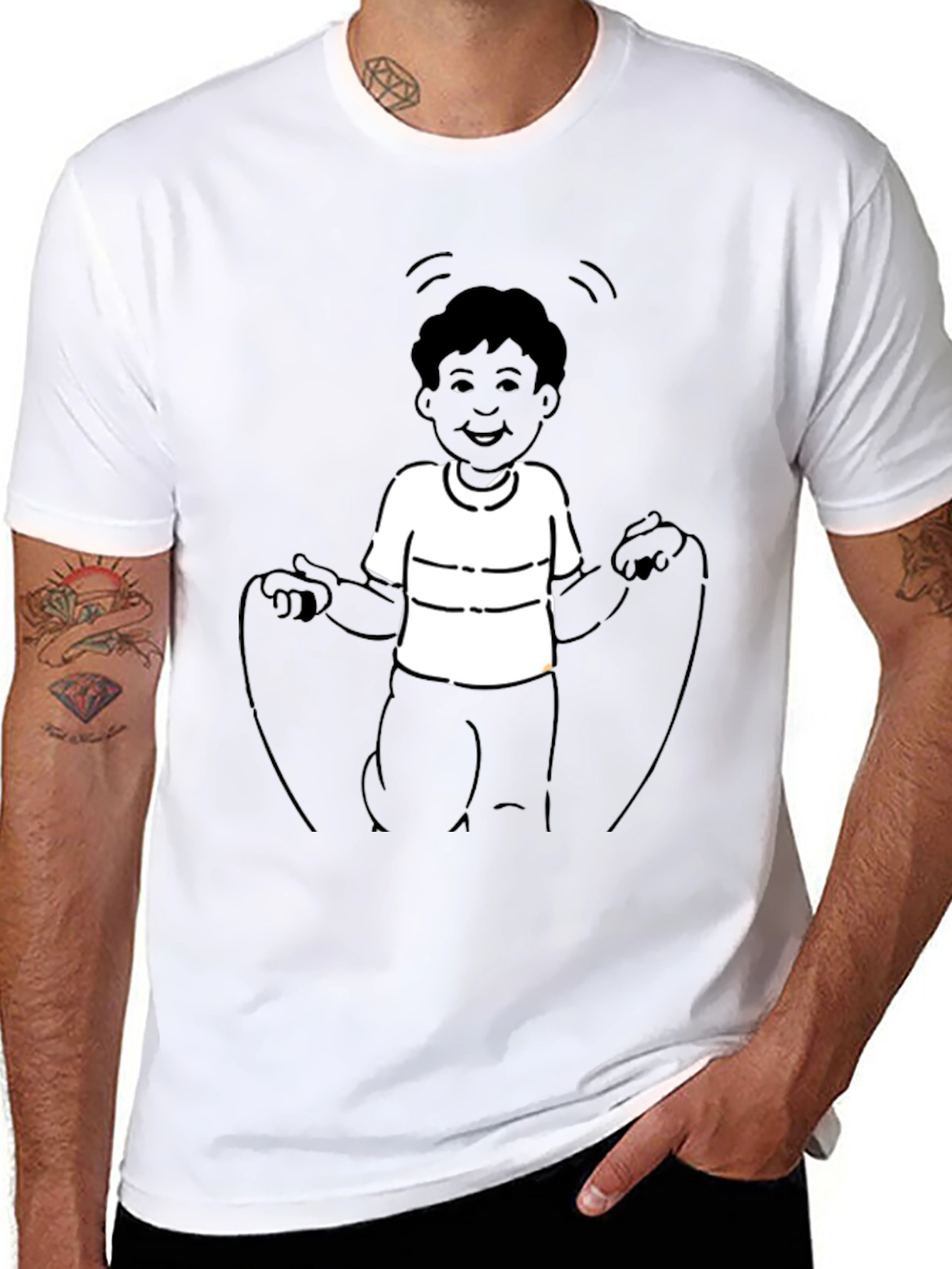 Mans Black T-Shirt with Boy Jumping Rope Design