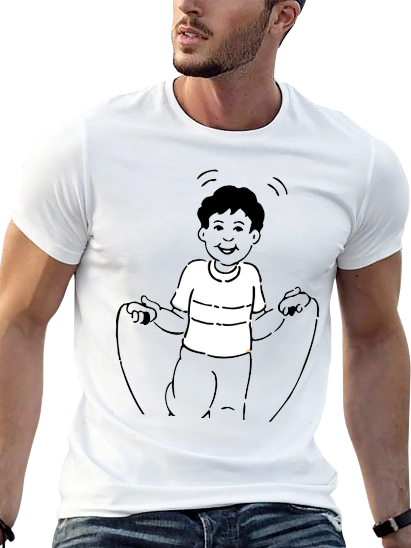 Mans Black T-Shirt with Boy Jumping Rope Design