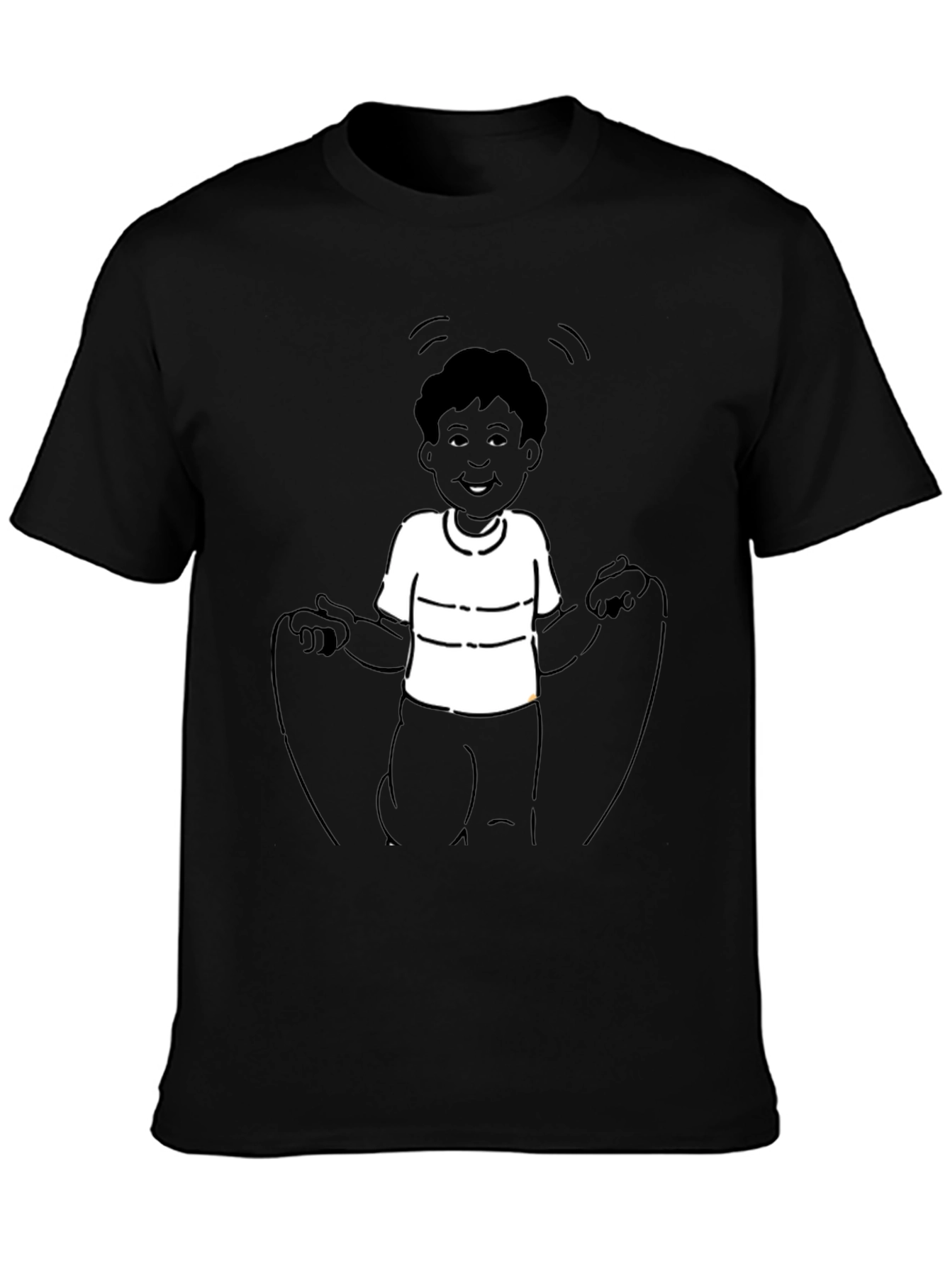 Mans Black T-Shirt with Boy Jumping Rope Design