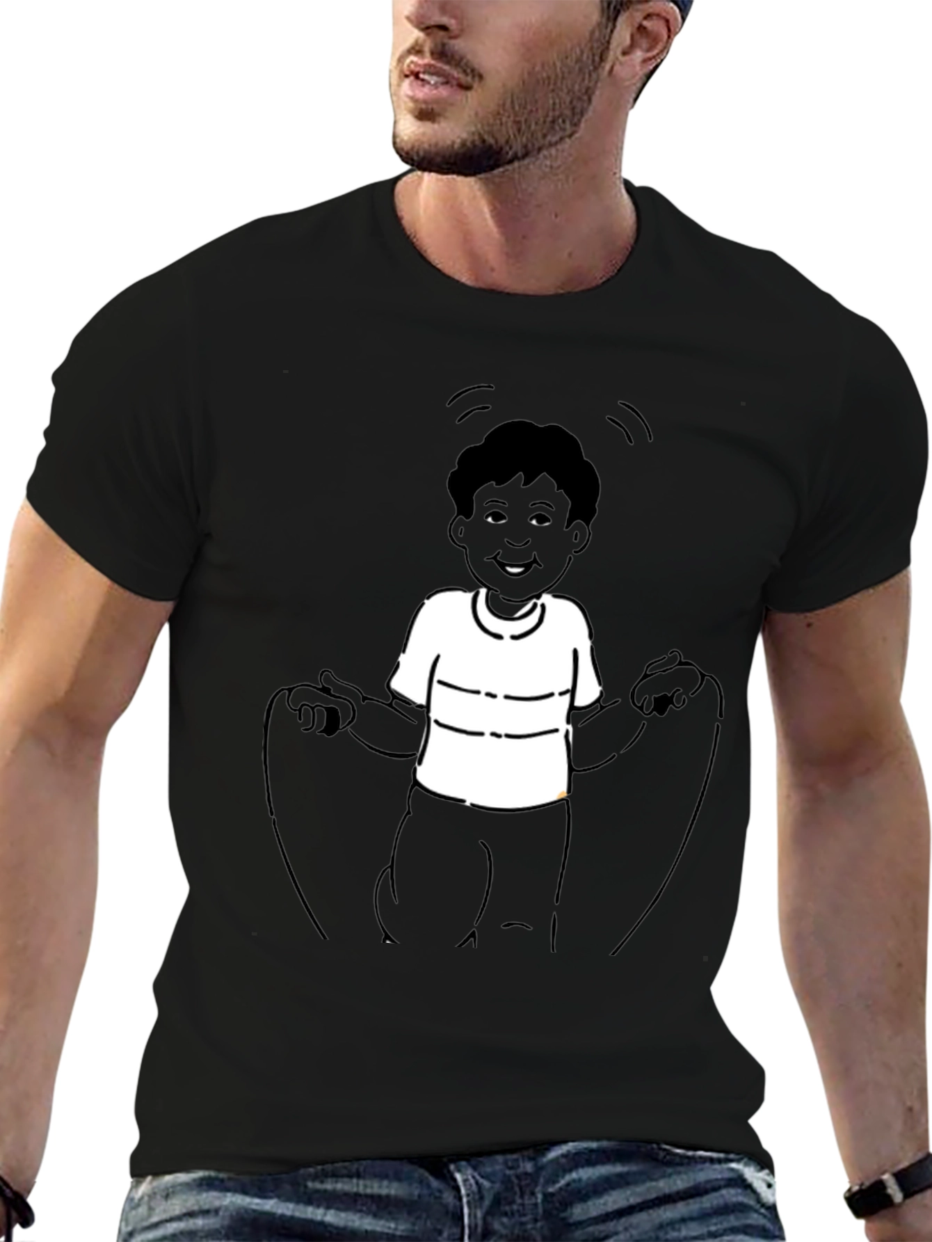 Mans Black T-Shirt with Boy Jumping Rope Design