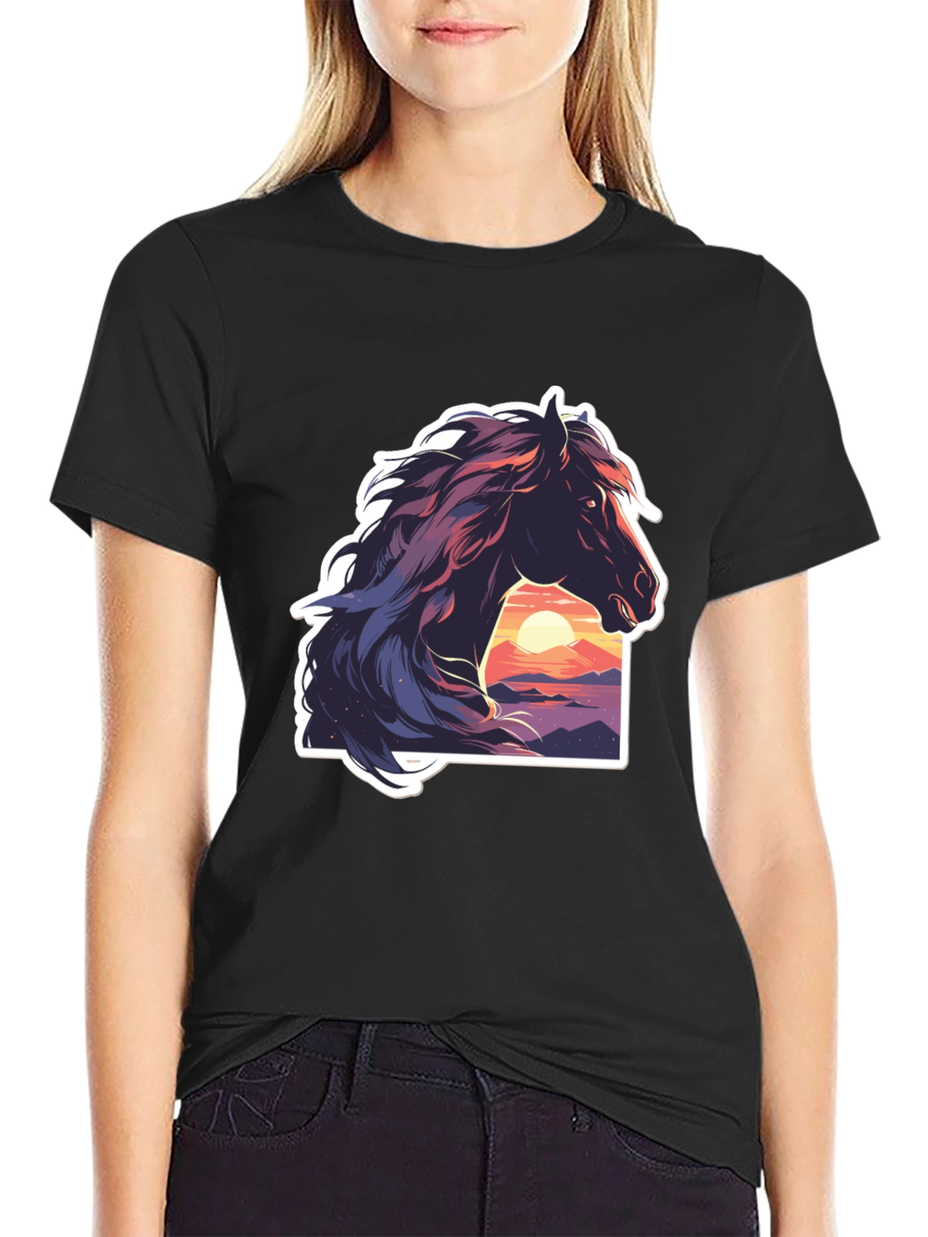 Horse Sunset Graphic Black T-Shirt