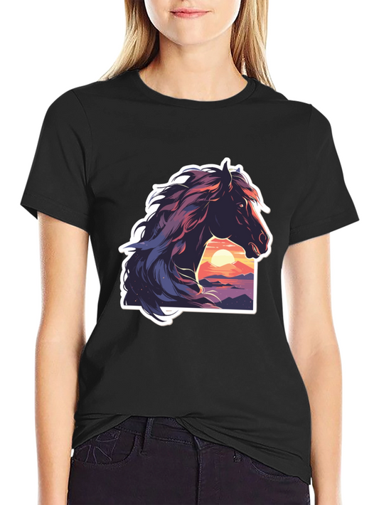 Horse Sunset Graphic Black T-Shirt