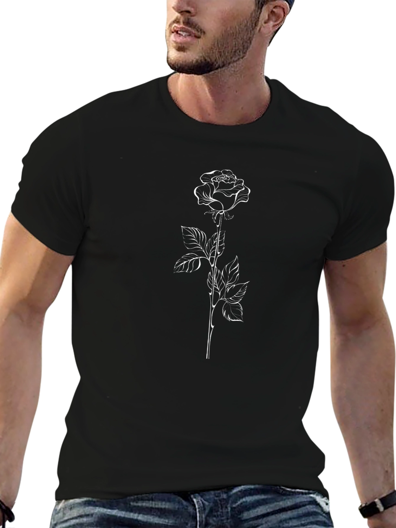 Rose Outline Graphic Tee - Soft Black Cotton Shirt