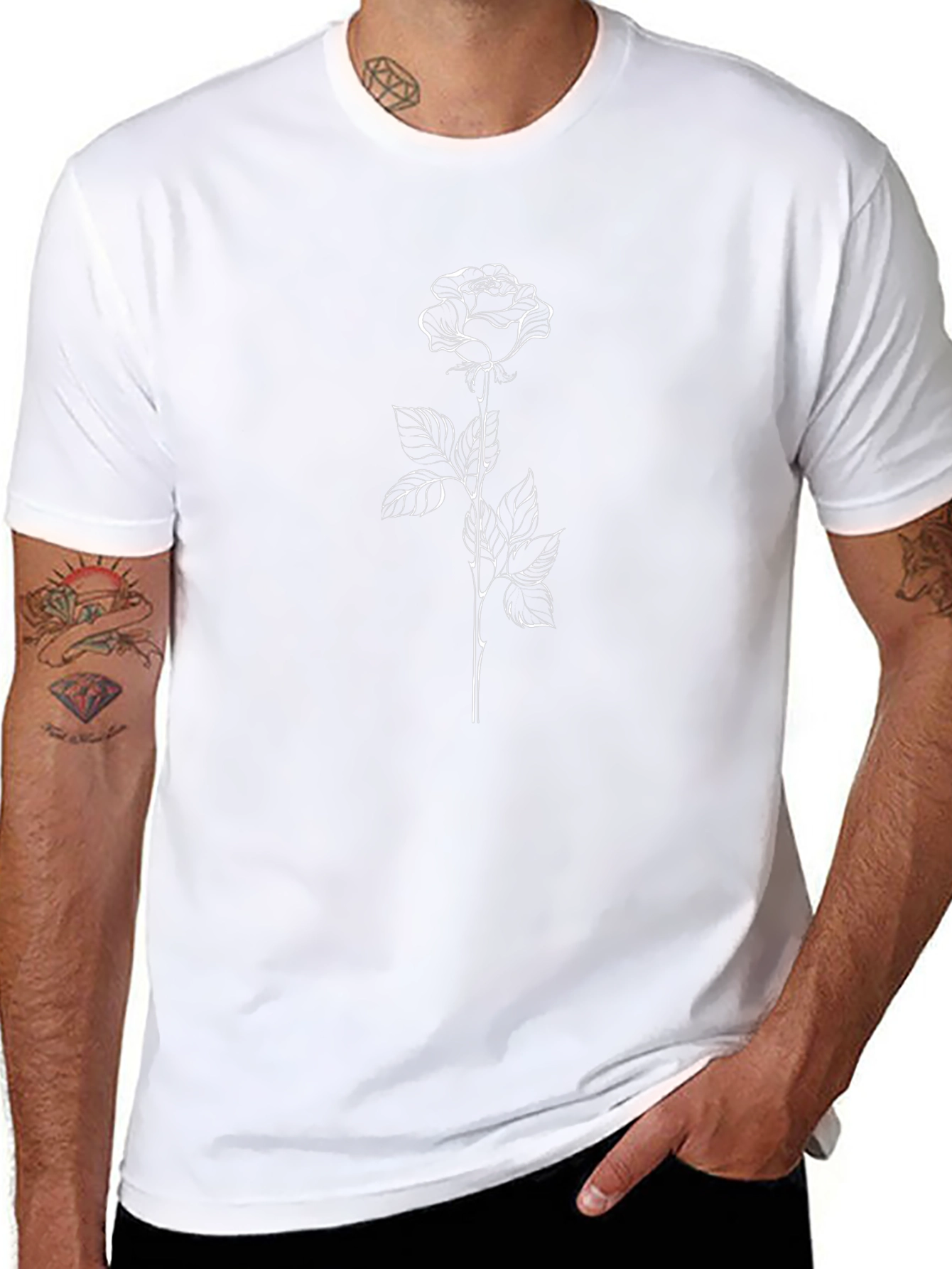 Rose Outline Graphic Tee - Soft Black Cotton Shirt