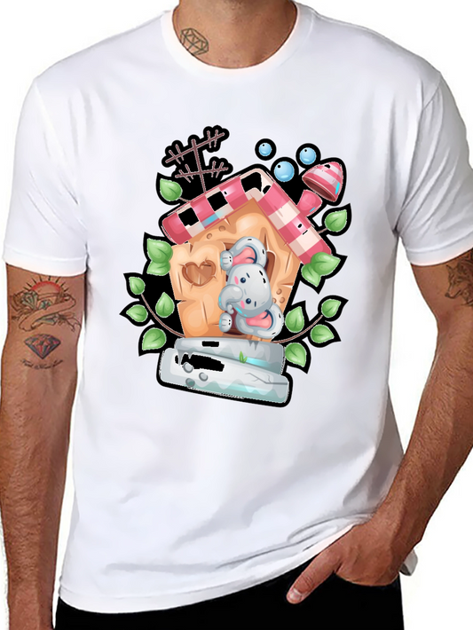 Cartoon Bunny in Birdhouse Black T-Shirt