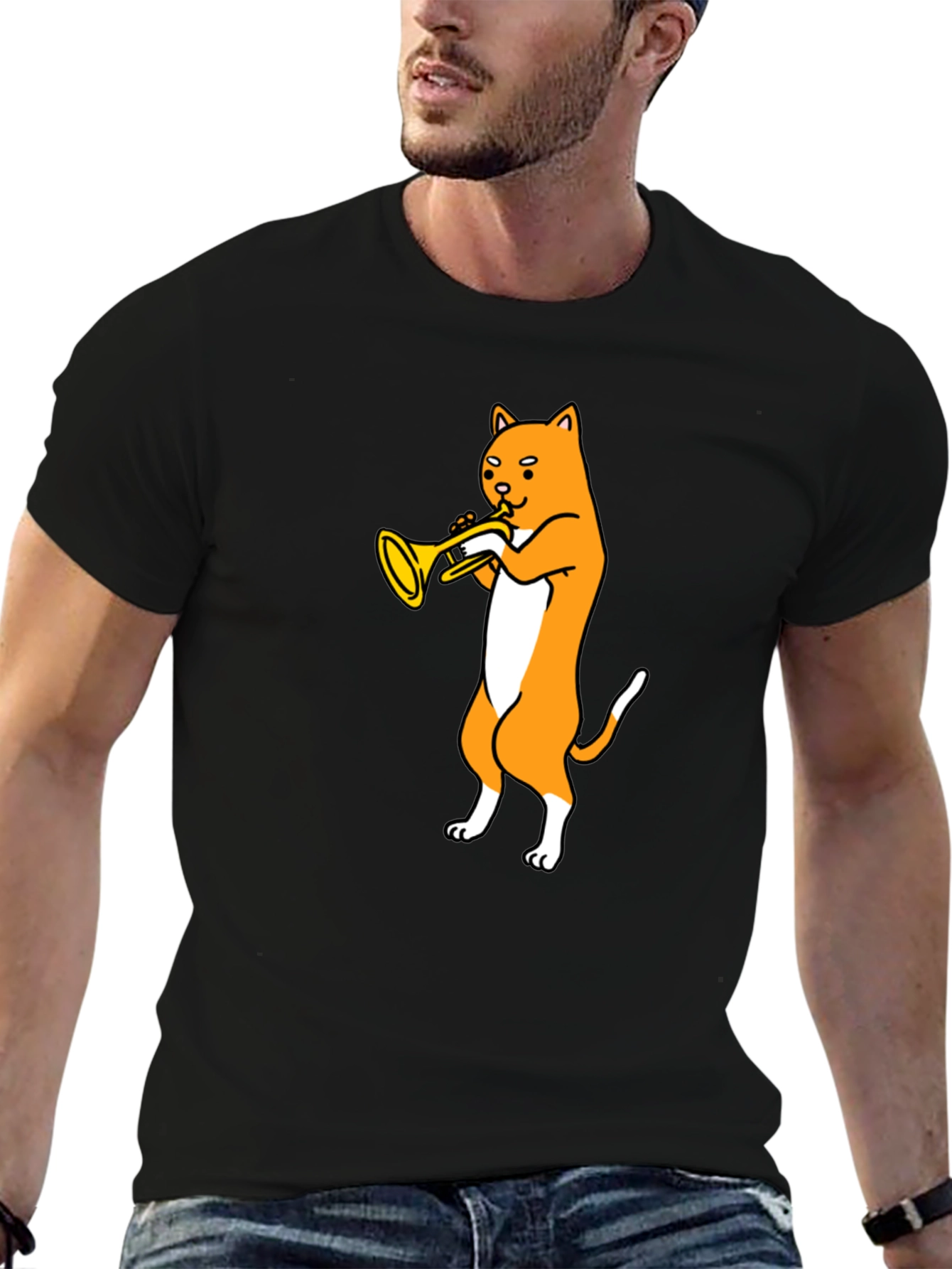 Cat Trumpet T-Shirt - Black Graphic Tee