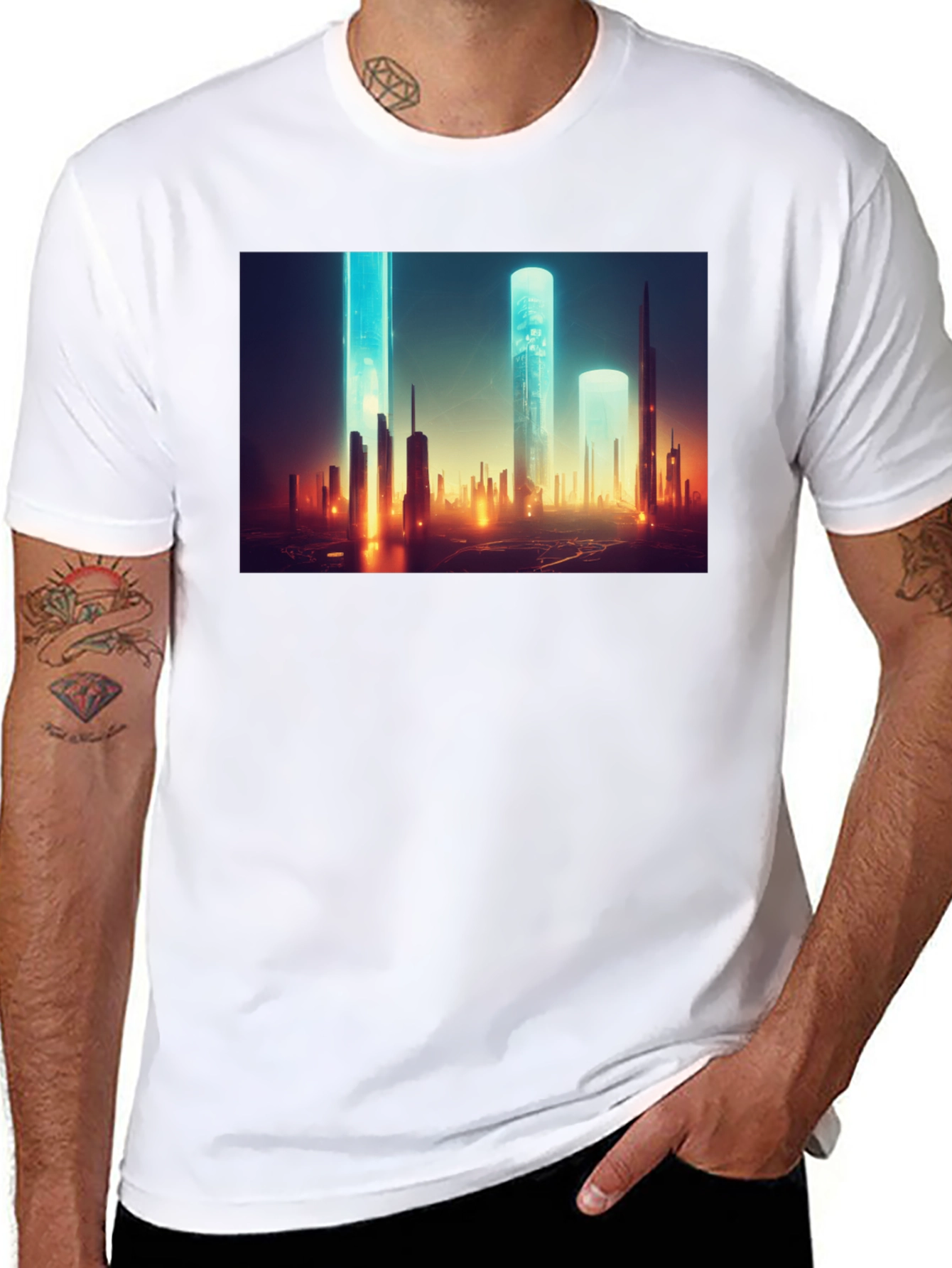Futuristic Cityscape Graphic Tee - Sleek Black