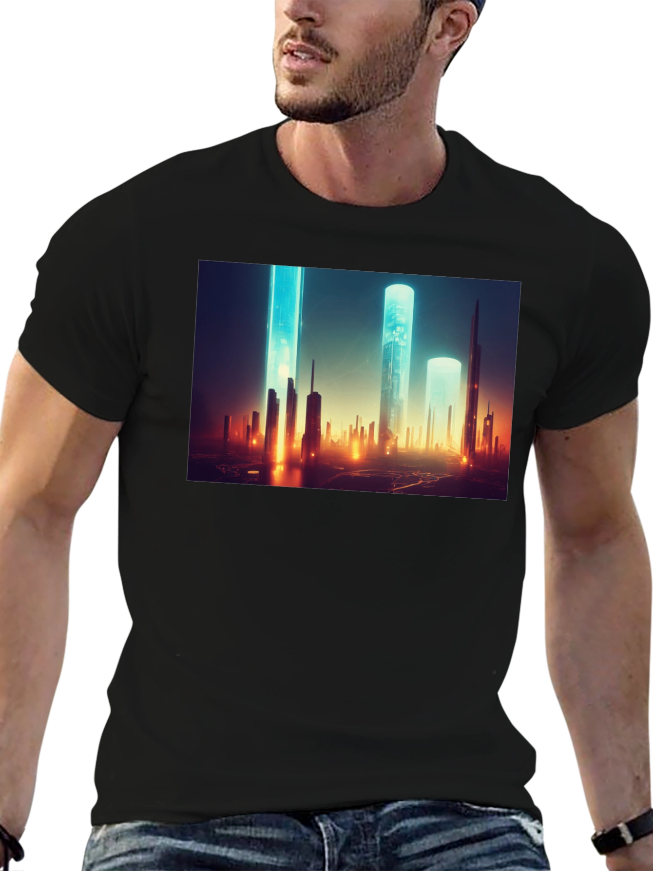 Futuristic Cityscape Graphic Tee - Sleek Black