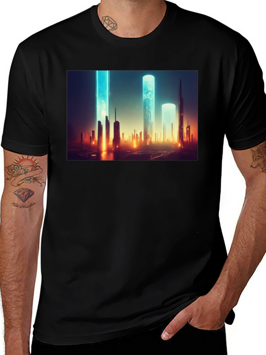 Futuristic Cityscape Graphic Tee - Sleek Black