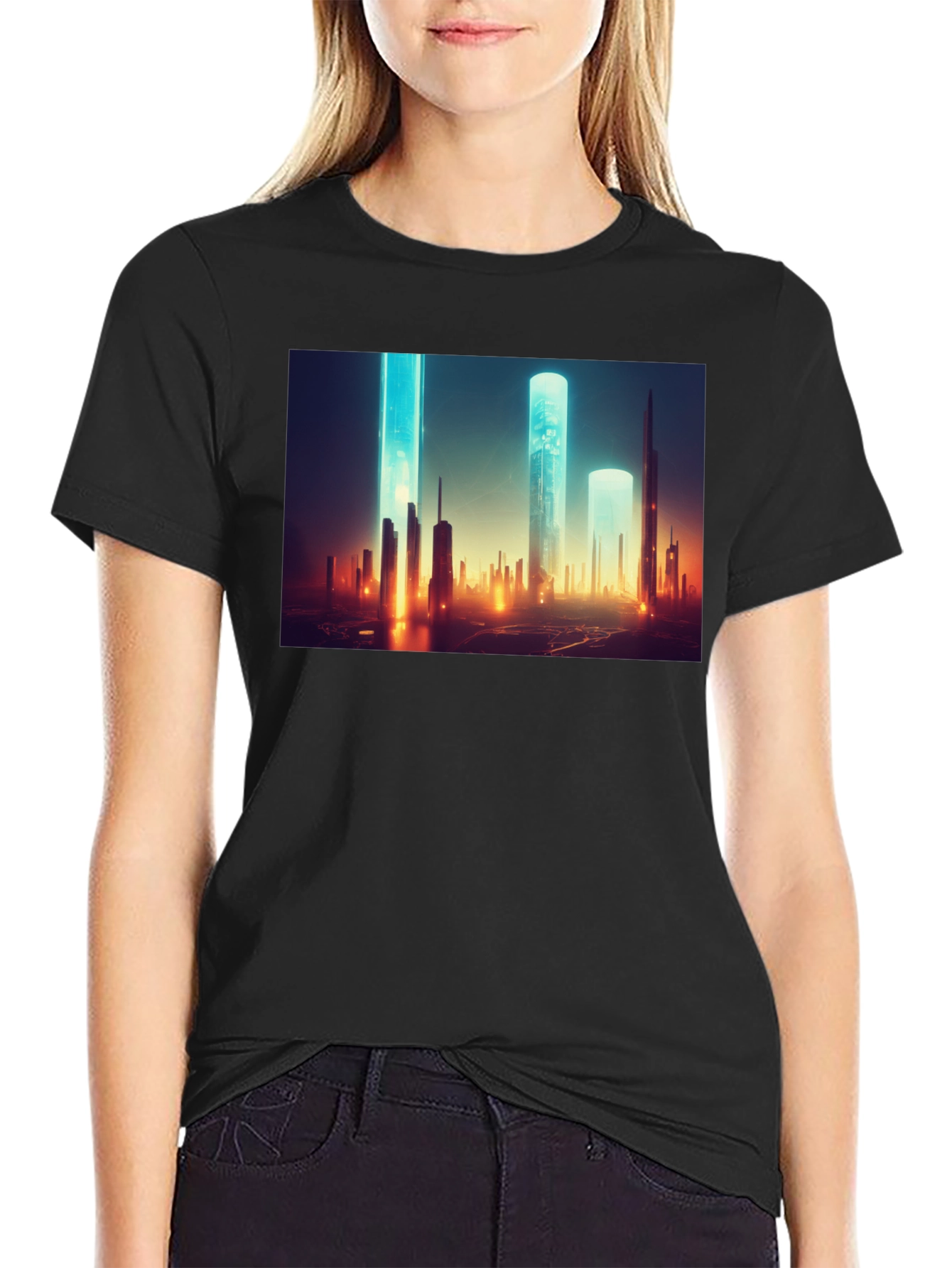 Futuristic Cityscape Graphic Tee - Sleek Black