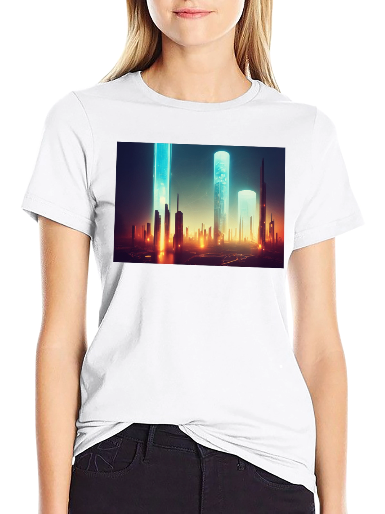 Futuristic Cityscape Graphic Tee - Sleek Black