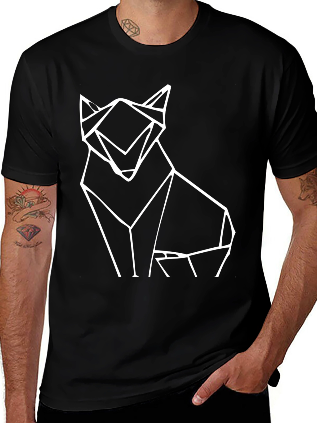 Geometric Wolf Graphic Tee - Black