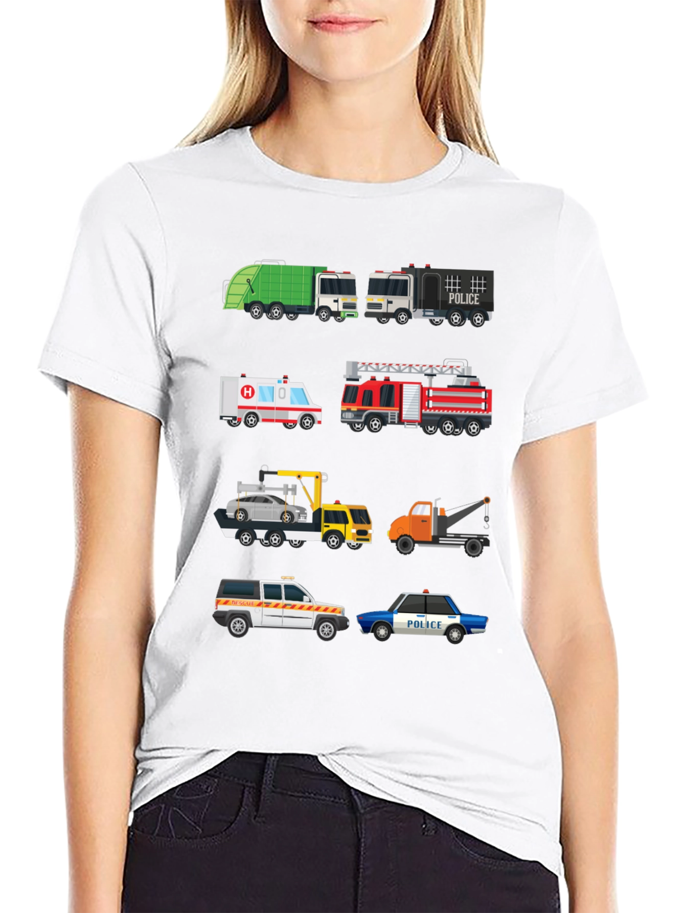 Cartoon Trucks Graphic Print Black T-Shirt