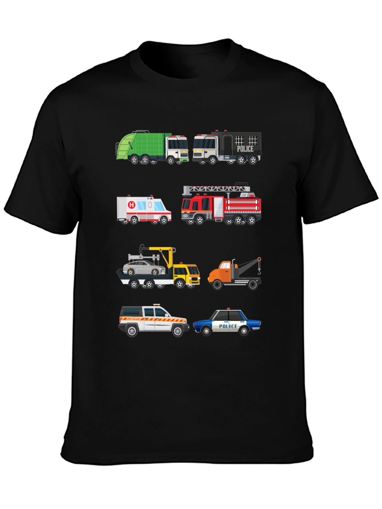 Cartoon Trucks Graphic Print Black T-Shirt