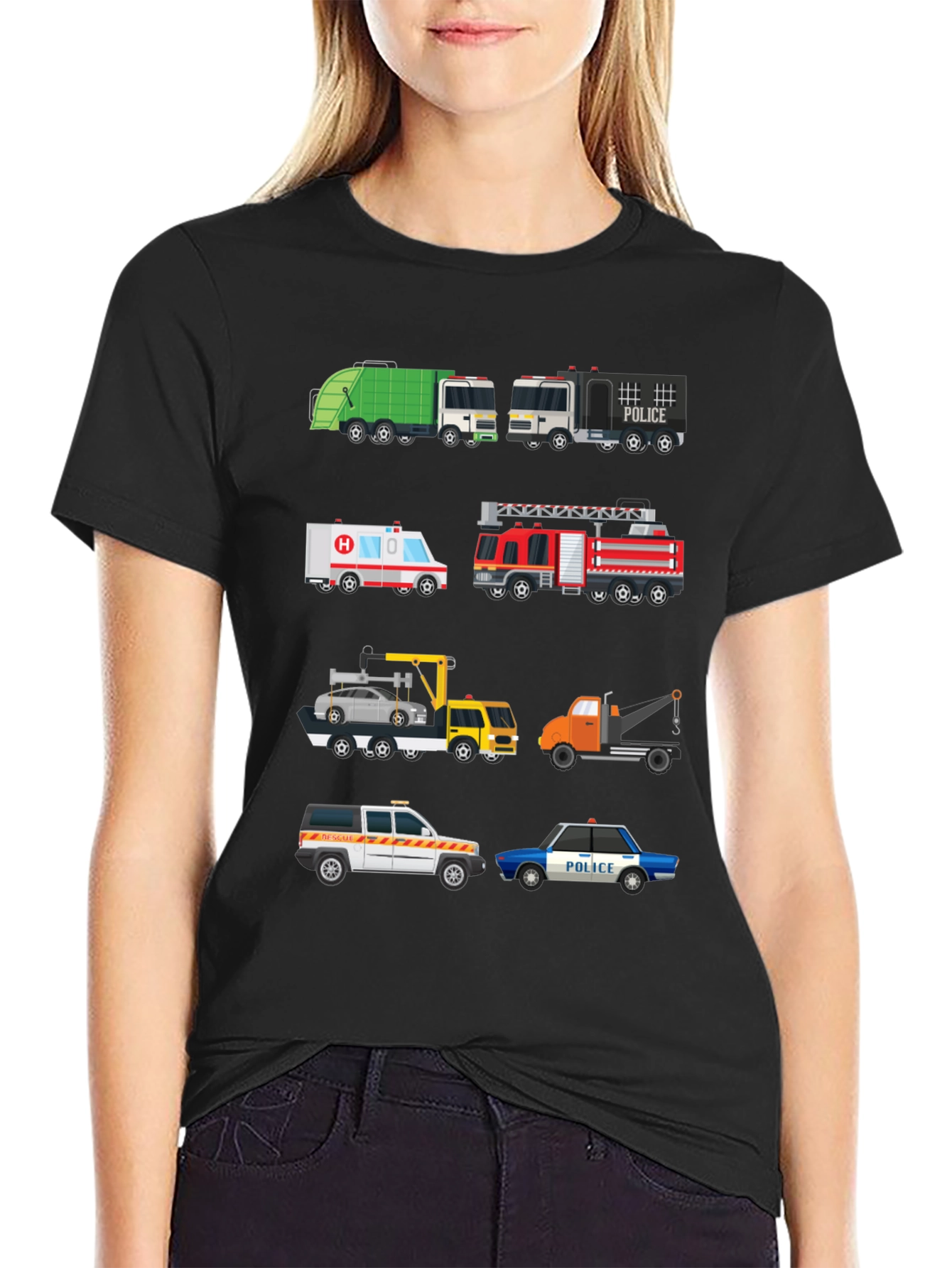Cartoon Trucks Graphic Print Black T-Shirt