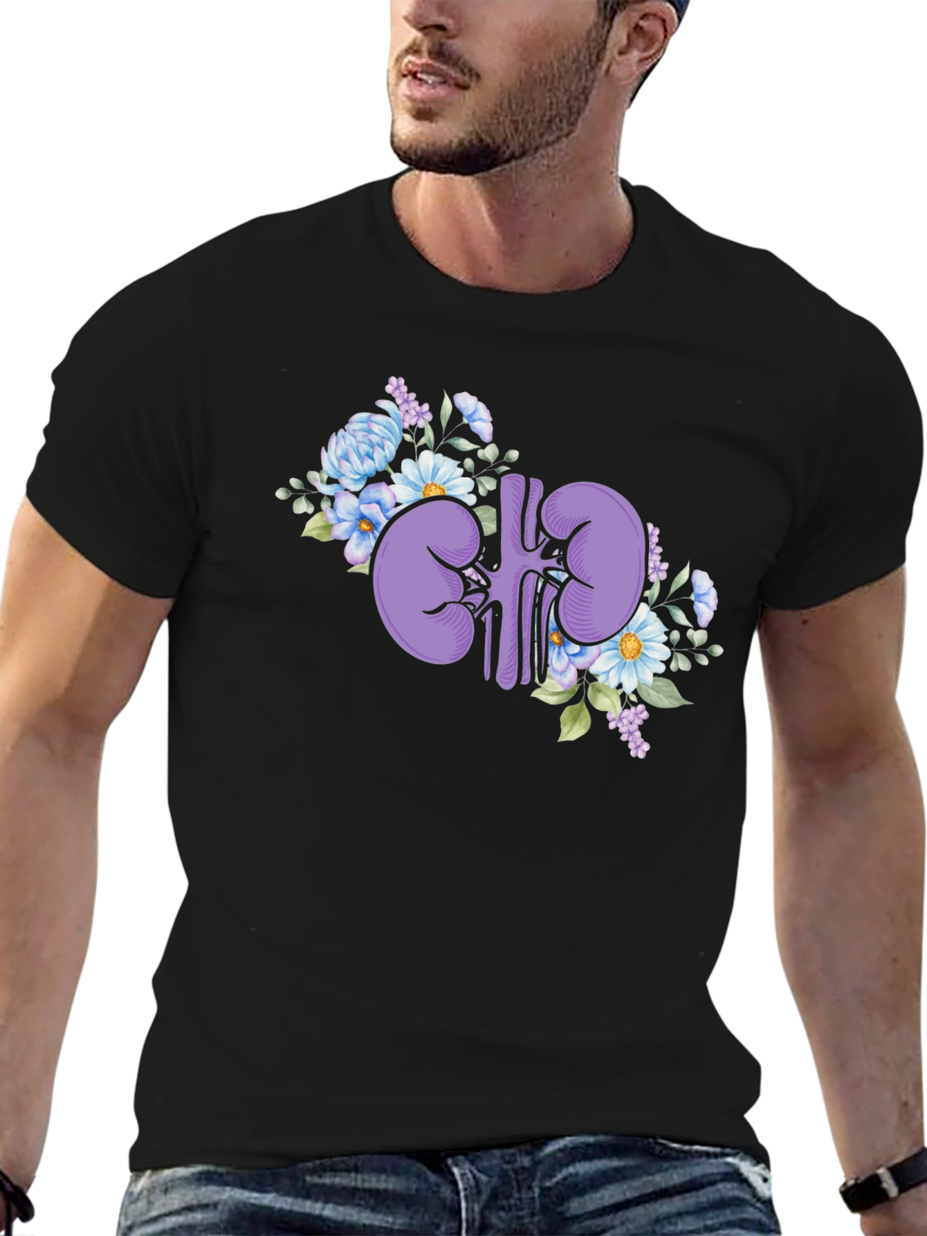 Floral Kidney Graphic Tee - Black Cotton T-Shirt