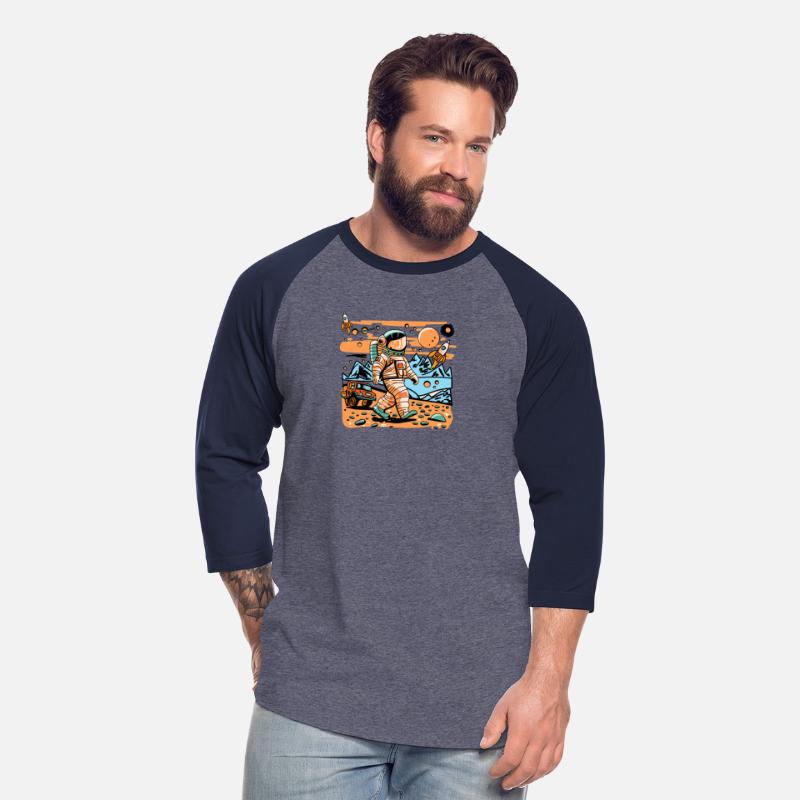 Space astronaut walking in alien planet and rocket