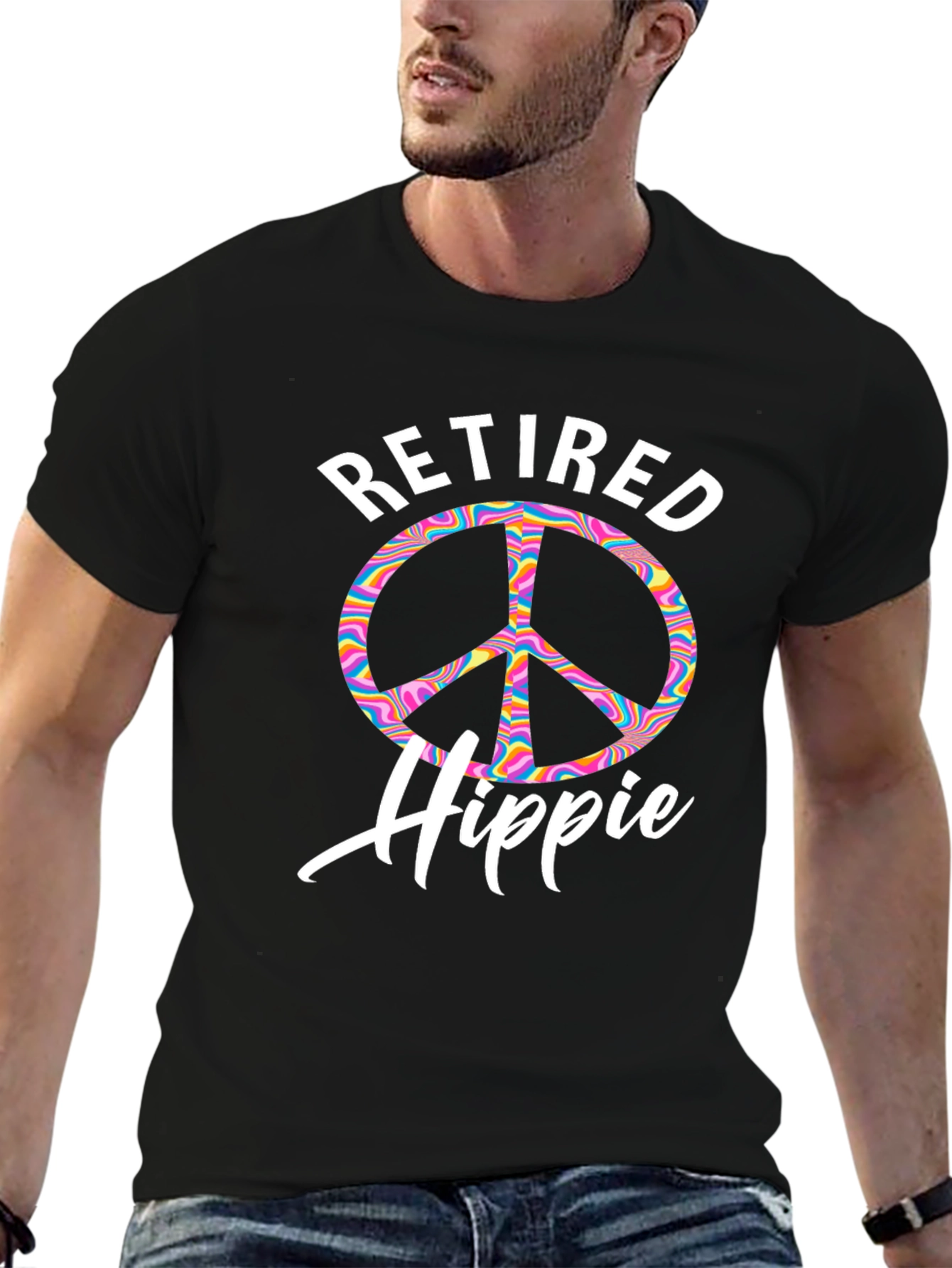 Retired Hippie T-Shirt Peace Sign Psychedelic Rainbow