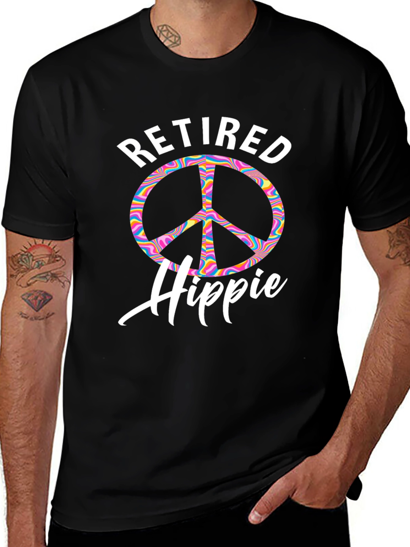 Retired Hippie T-Shirt Peace Sign Psychedelic Rainbow