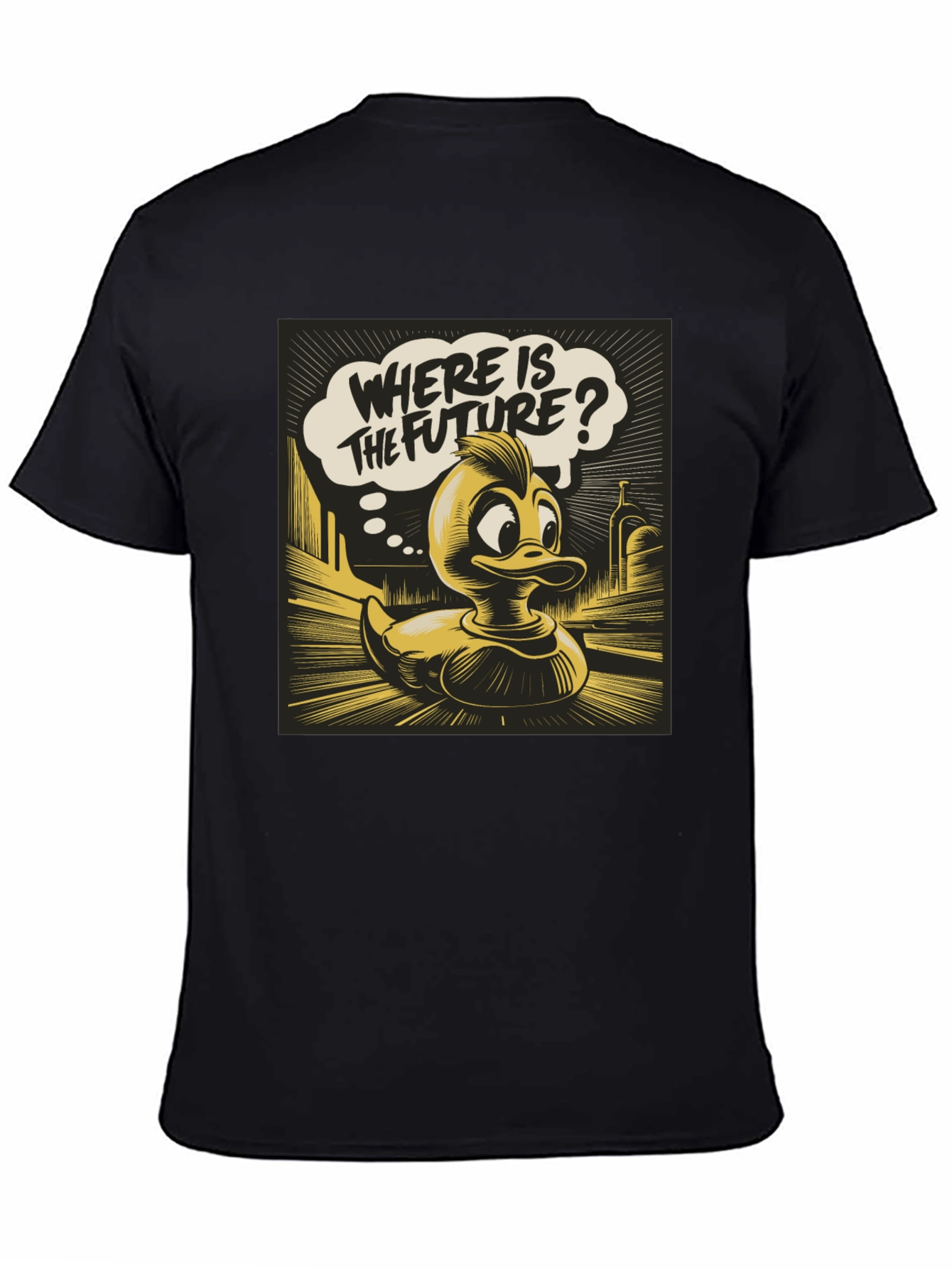 Retro Duck Where is the Future? Black Graphic Tee