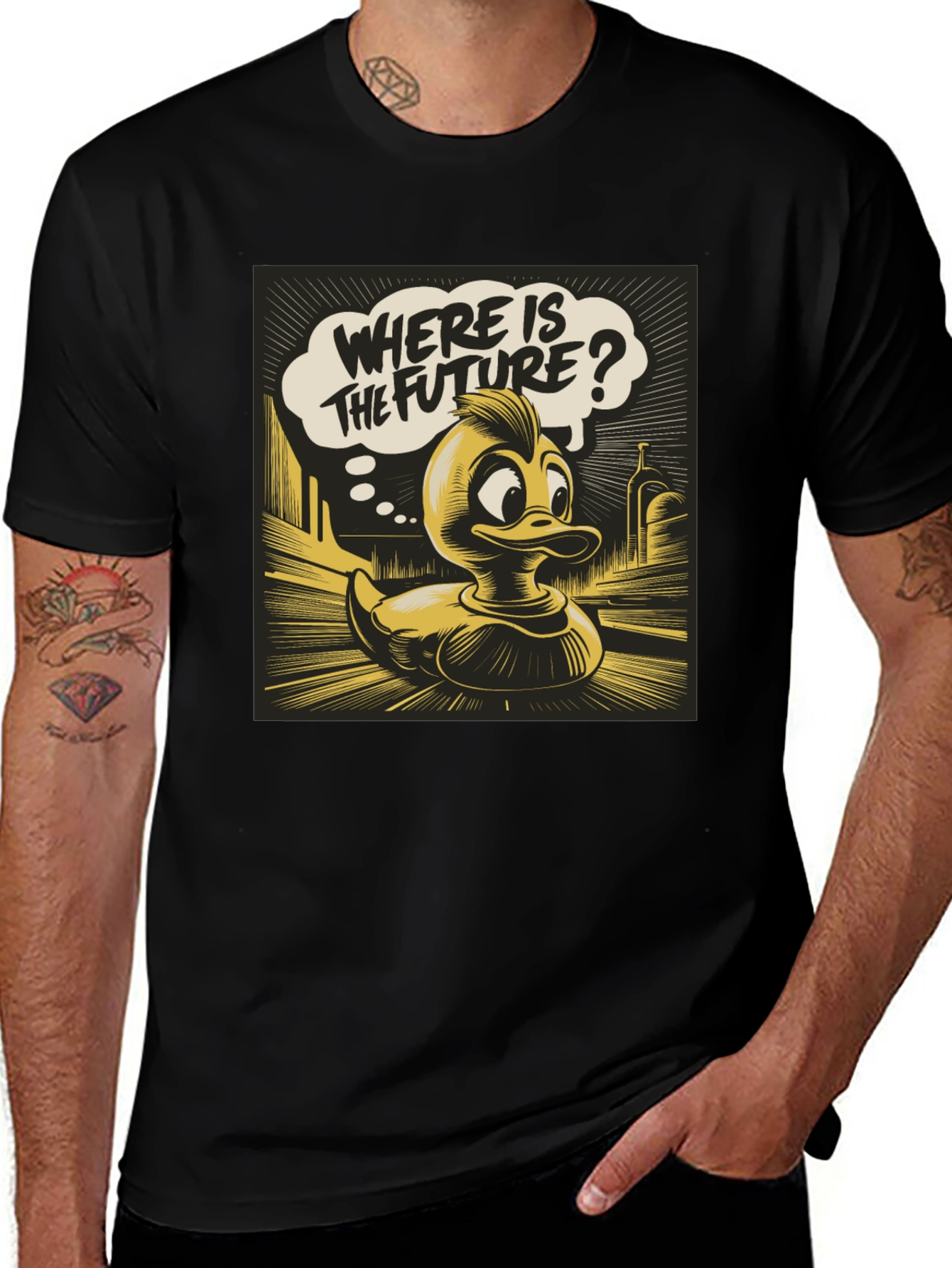 Retro Duck Where is the Future? Black Graphic Tee