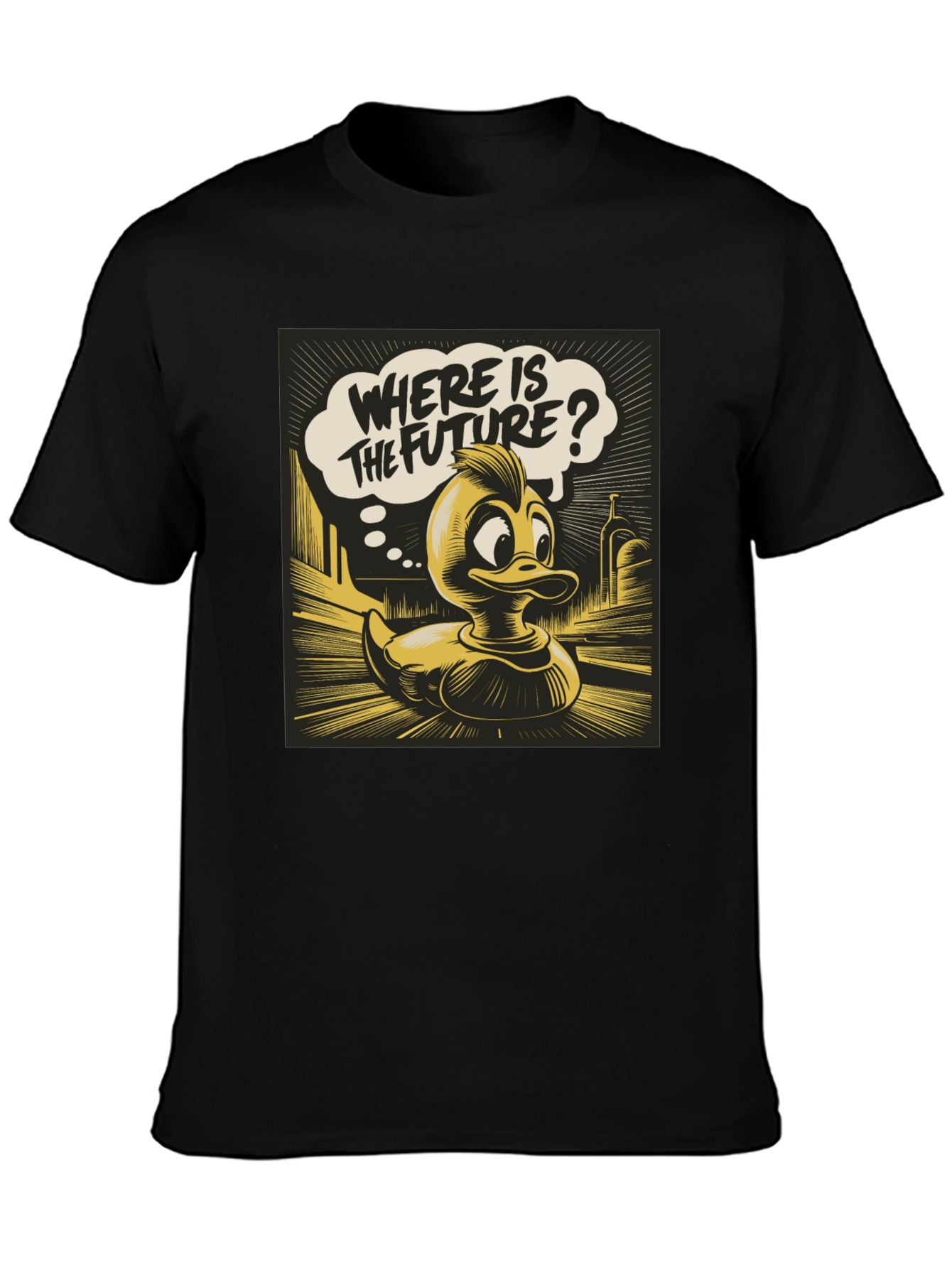 Retro Duck Where is the Future? Black Graphic Tee