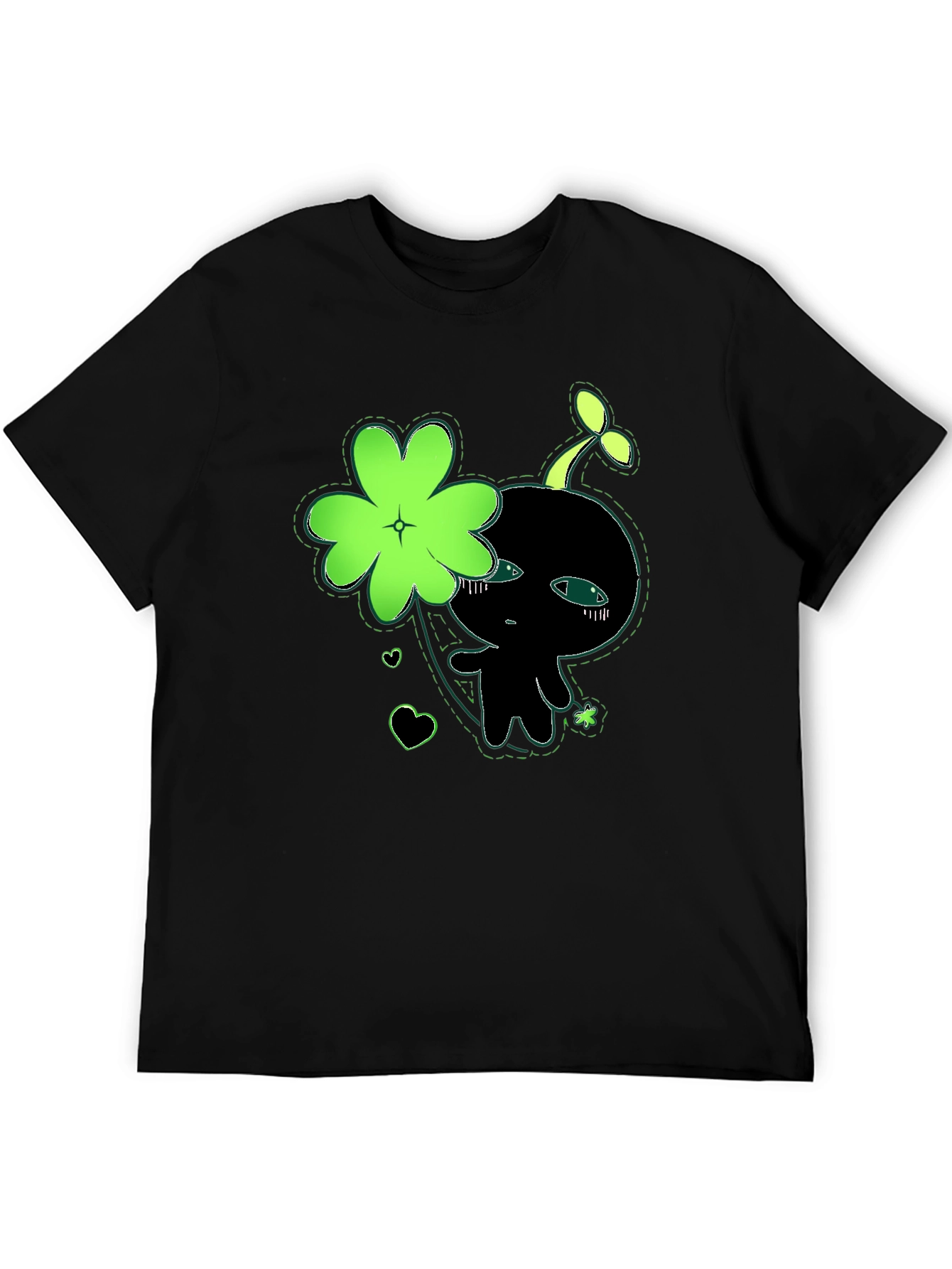 Cute Green Clover Kawaii Graphic Black T-Shirt