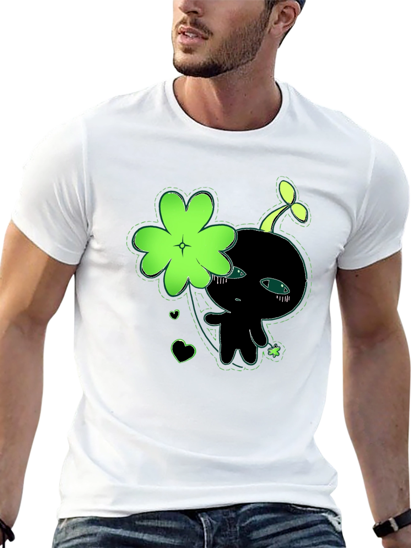 Cute Green Clover Kawaii Graphic Black T-Shirt
