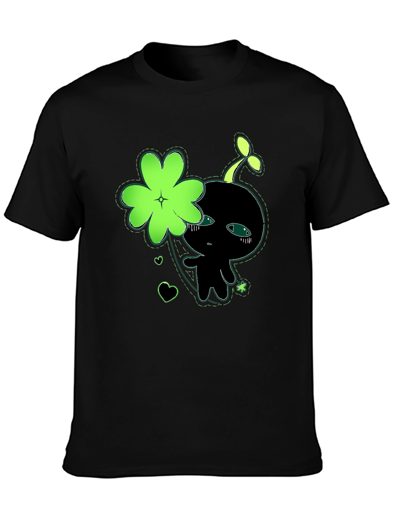 Cute Green Clover Kawaii Graphic Black T-Shirt