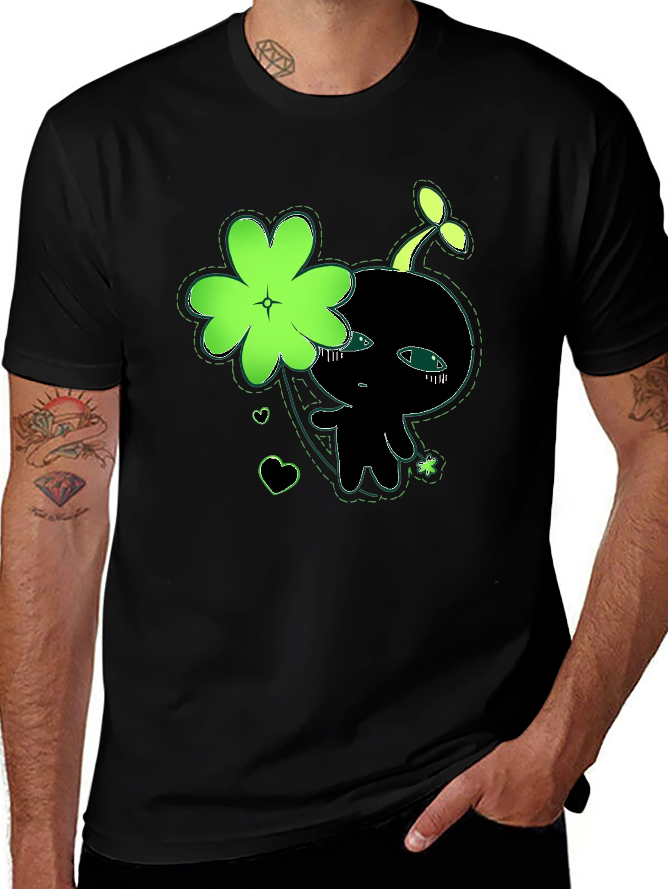 Cute Green Clover Kawaii Graphic Black T-Shirt