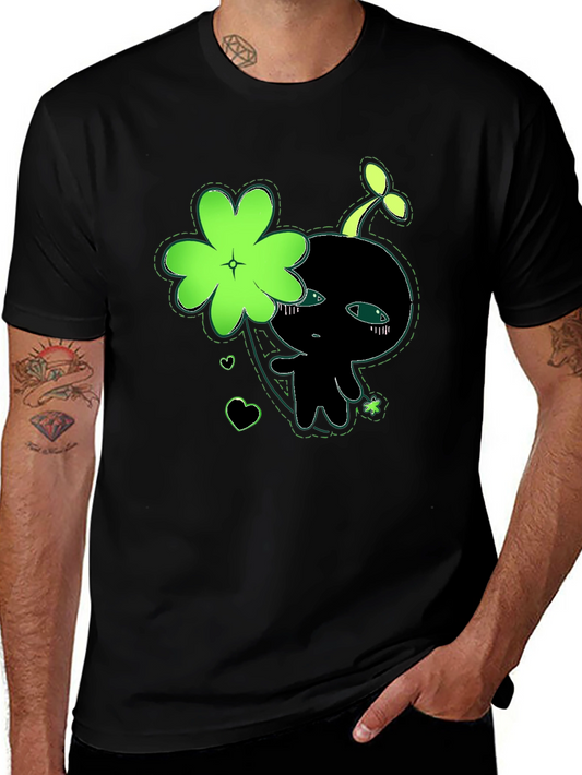 Cute Green Clover Kawaii Graphic Black T-Shirt