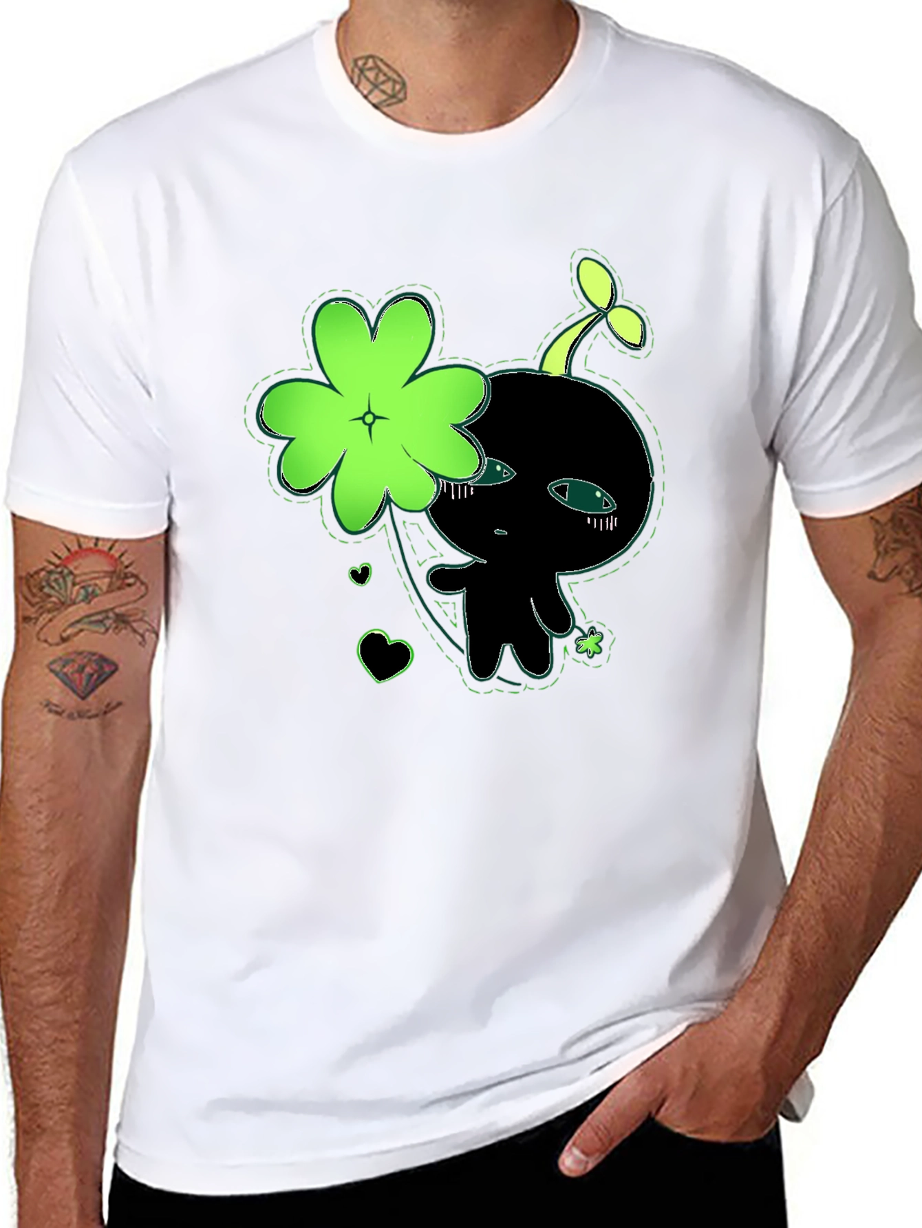 Cute Green Clover Kawaii Graphic Black T-Shirt