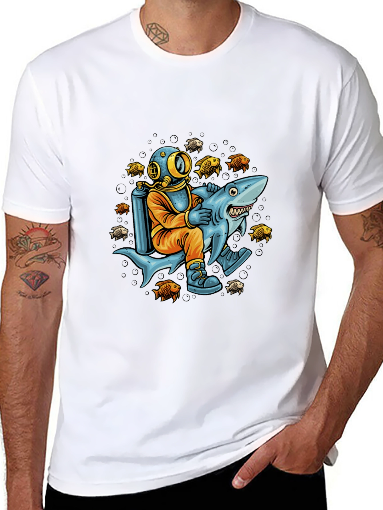 Diver Riding Shark Graphic Tee