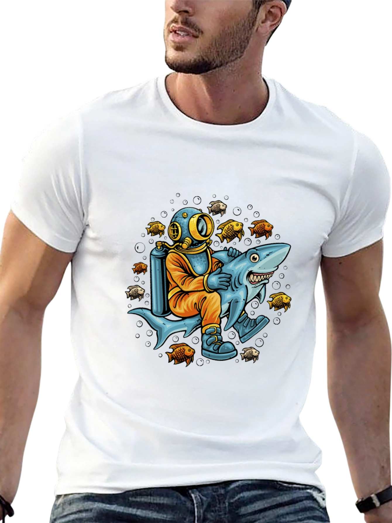 Diver Riding Shark Graphic Tee