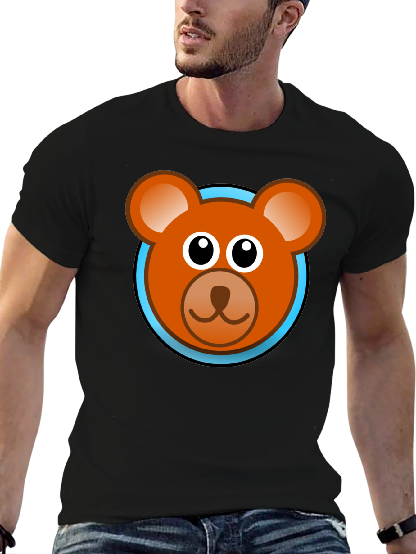 Cartoon Bear Face Graphic Black T-Shirt