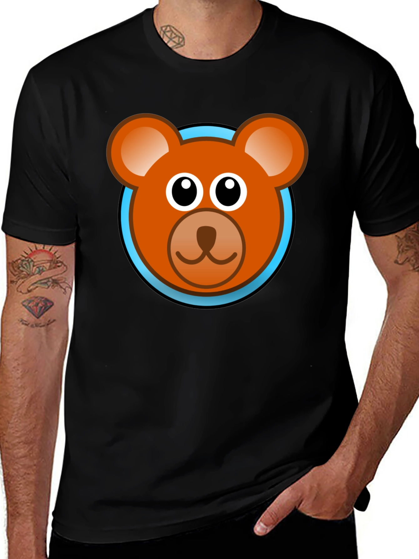 Cartoon Bear Face Graphic Black T-Shirt